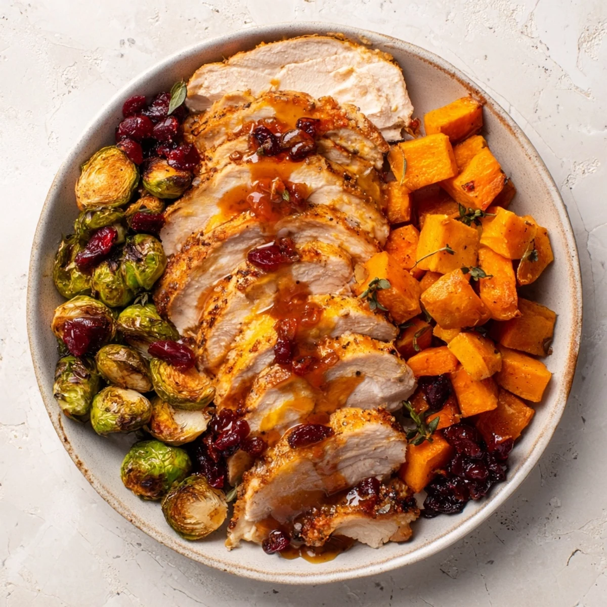 Juicy sheet-pan roasted turkey breast, glistening with cranberry glaze, alongside colorful winter vegetables.