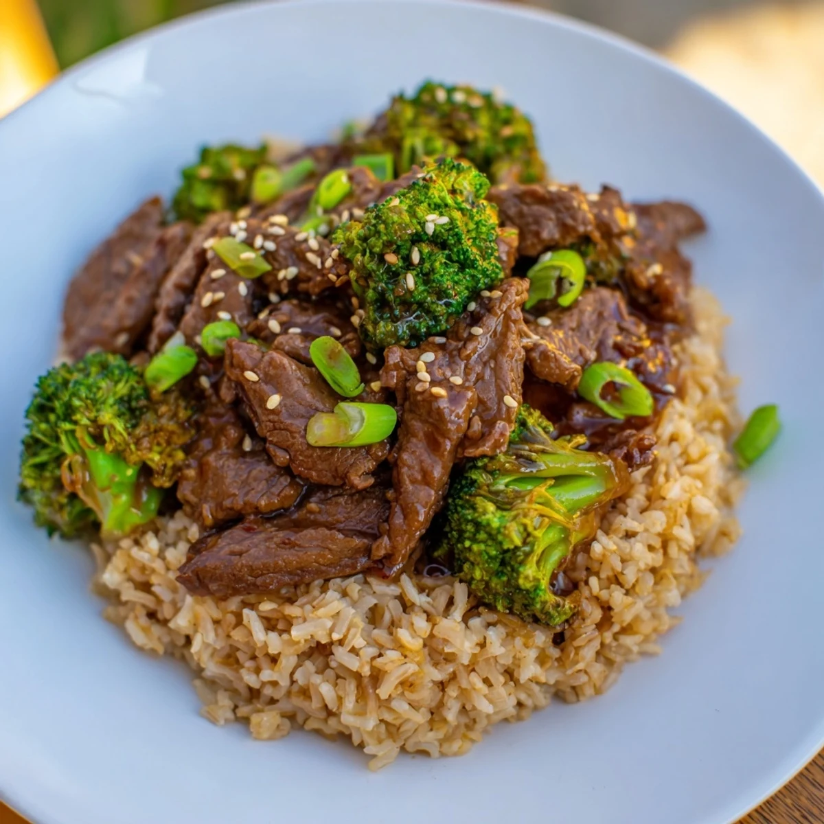 Steaming hot Slow-Cooker Beef & Broccoli with a glistening, savory sauce pooling around tender beef.