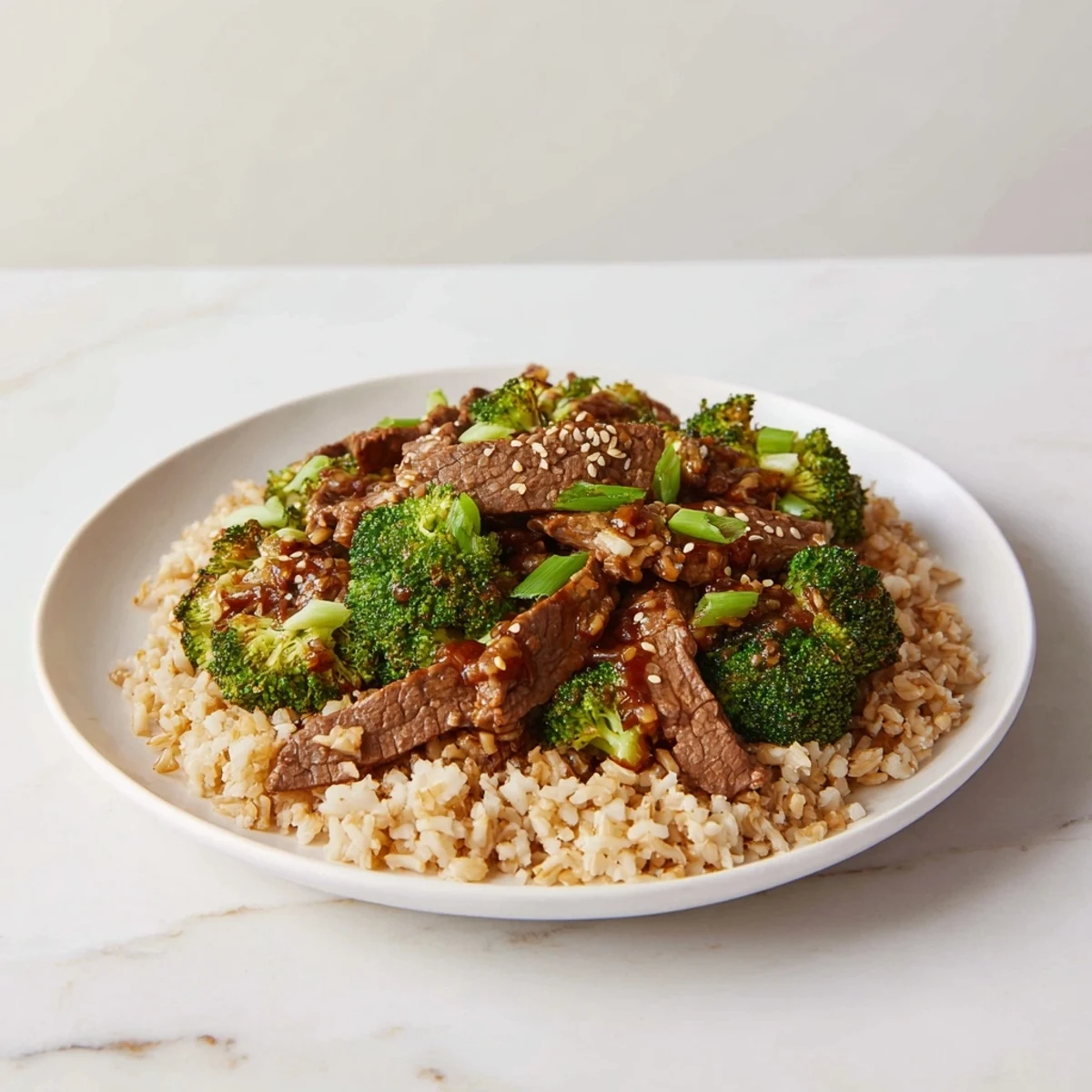 Tender beef and crisp broccoli simmer in a rich sauce, part of a delightful Slow-Cooker Beef & Broccoli meal.