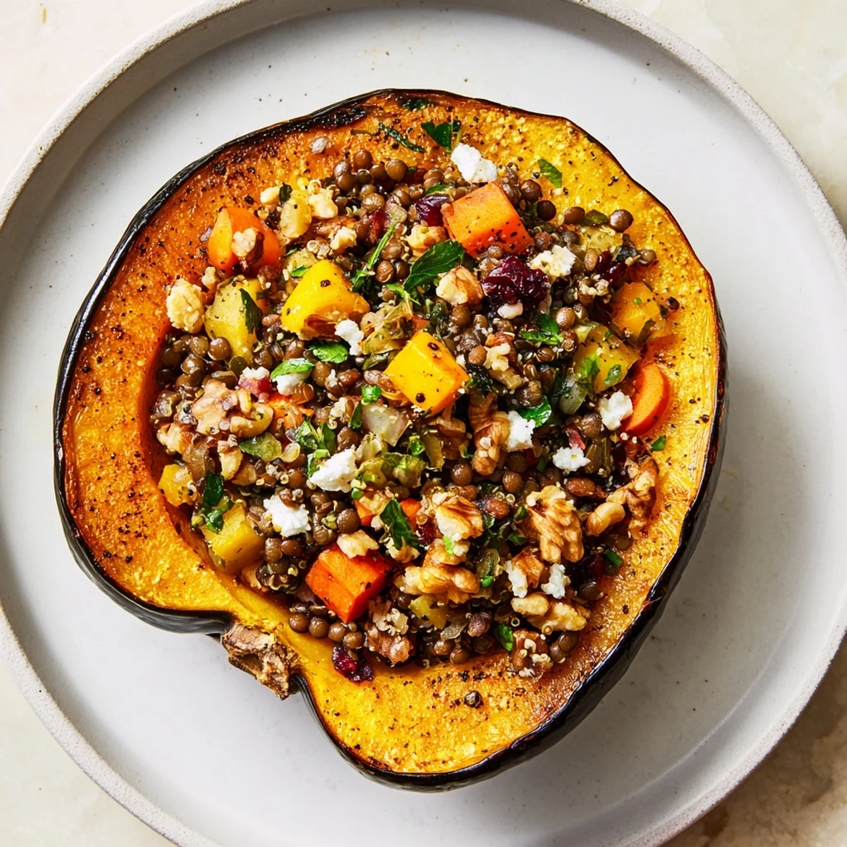 Golden, roasted Lentil & Walnut Stuffed Acorn Squash, a vegetarian delight ready to enjoy.