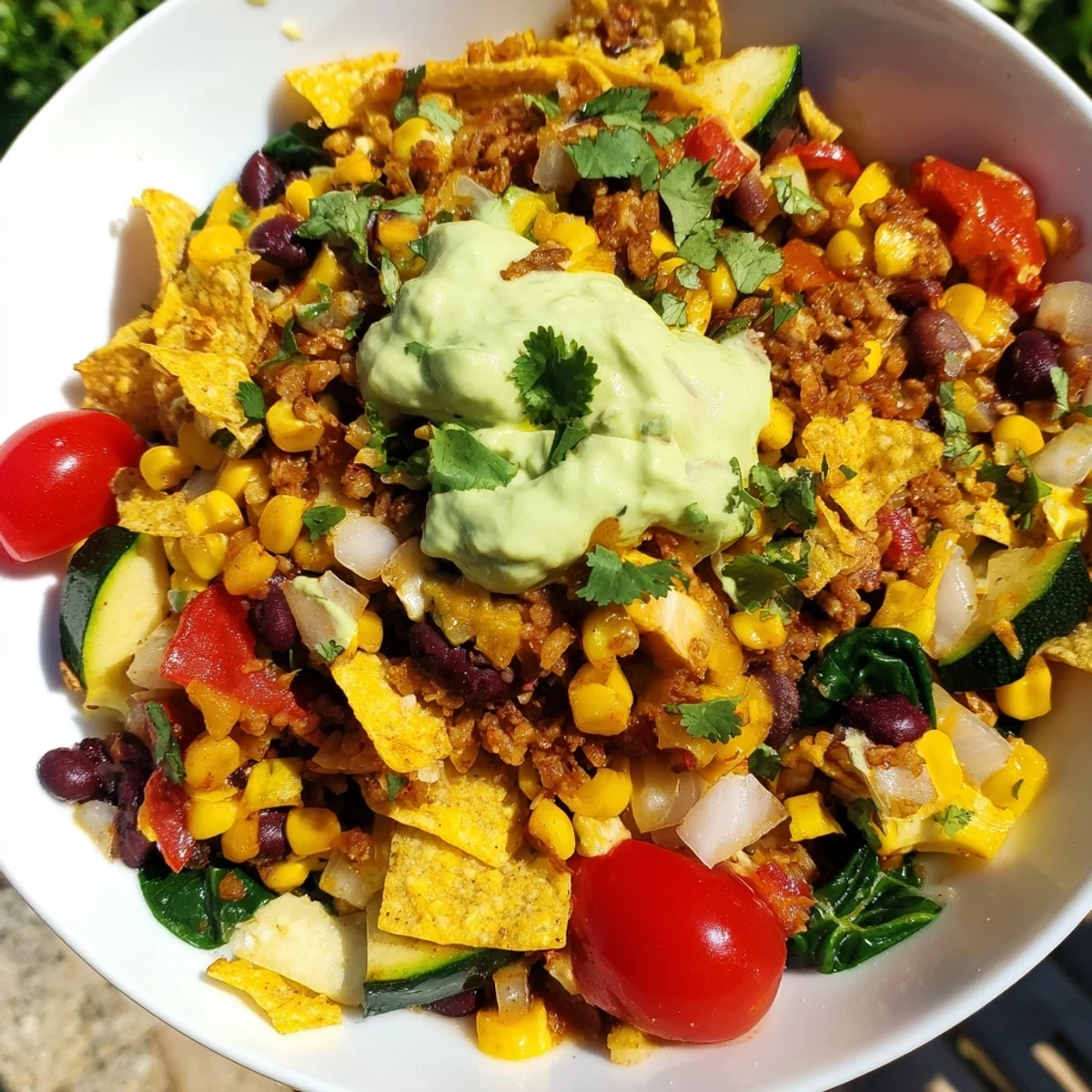 Imagine a warm Veggie-Packed Taco Skillet with avocado yogurt; a quick, vibrant, and healthy vegetarian meal.