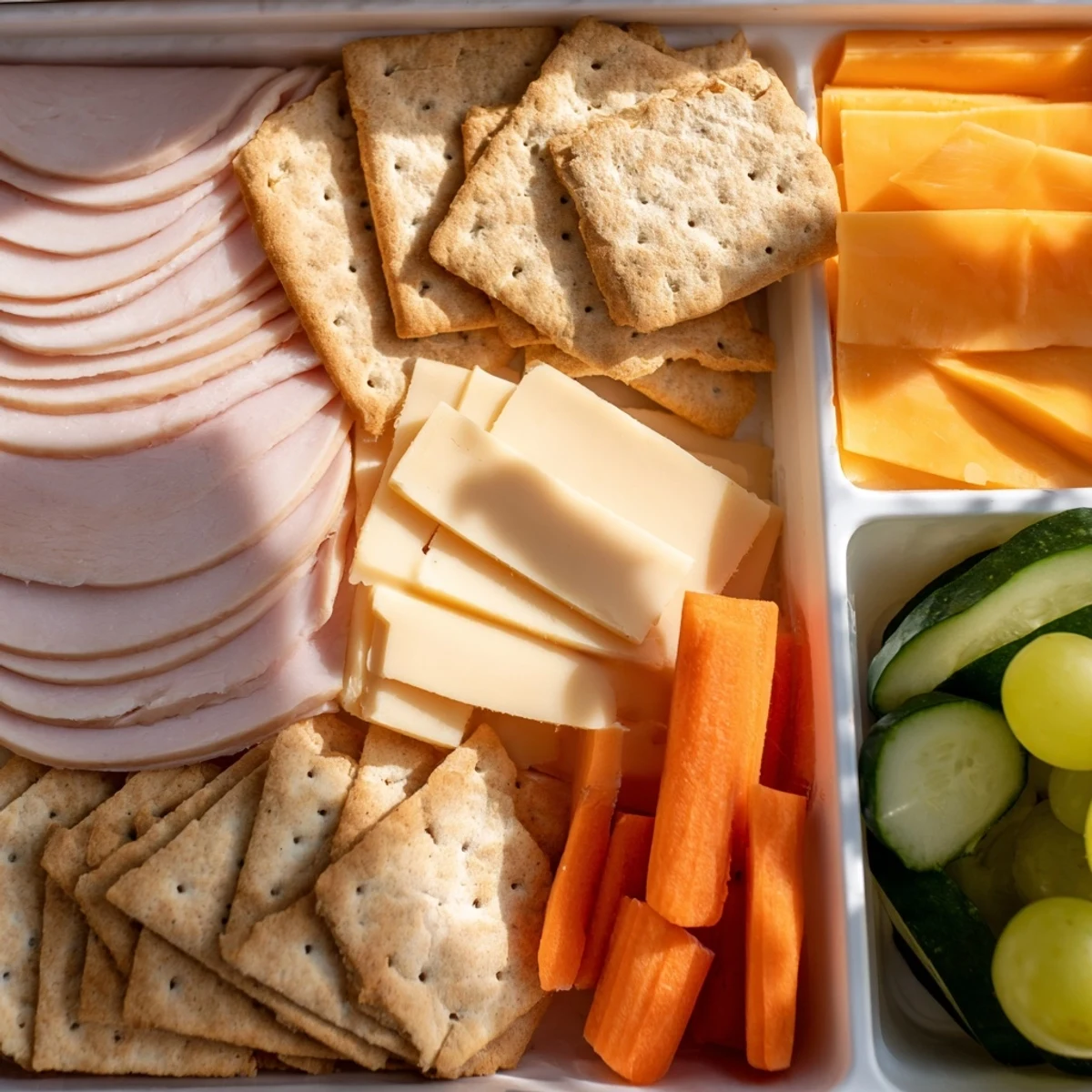 Homemade DIY Lunchables trays with sliced meats, cheese, crackers, and grapes ready to eat.