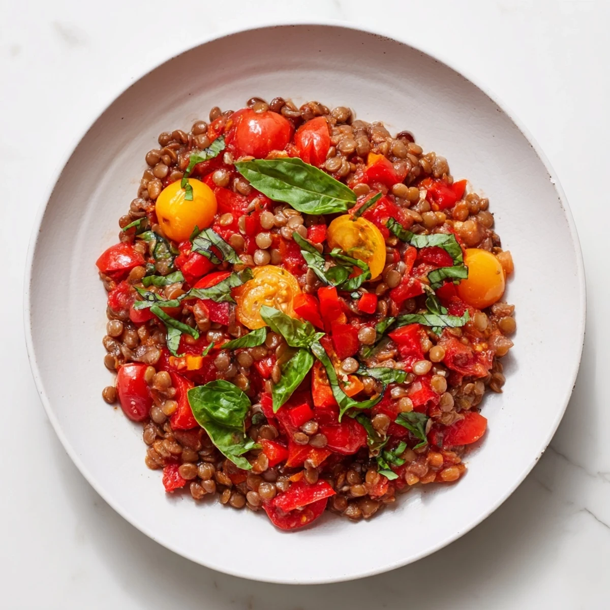 Steaming, colorful Lentil-Tomato Skillet with Herbs, a one-pan vegetarian delight, ready to be enjoyed.