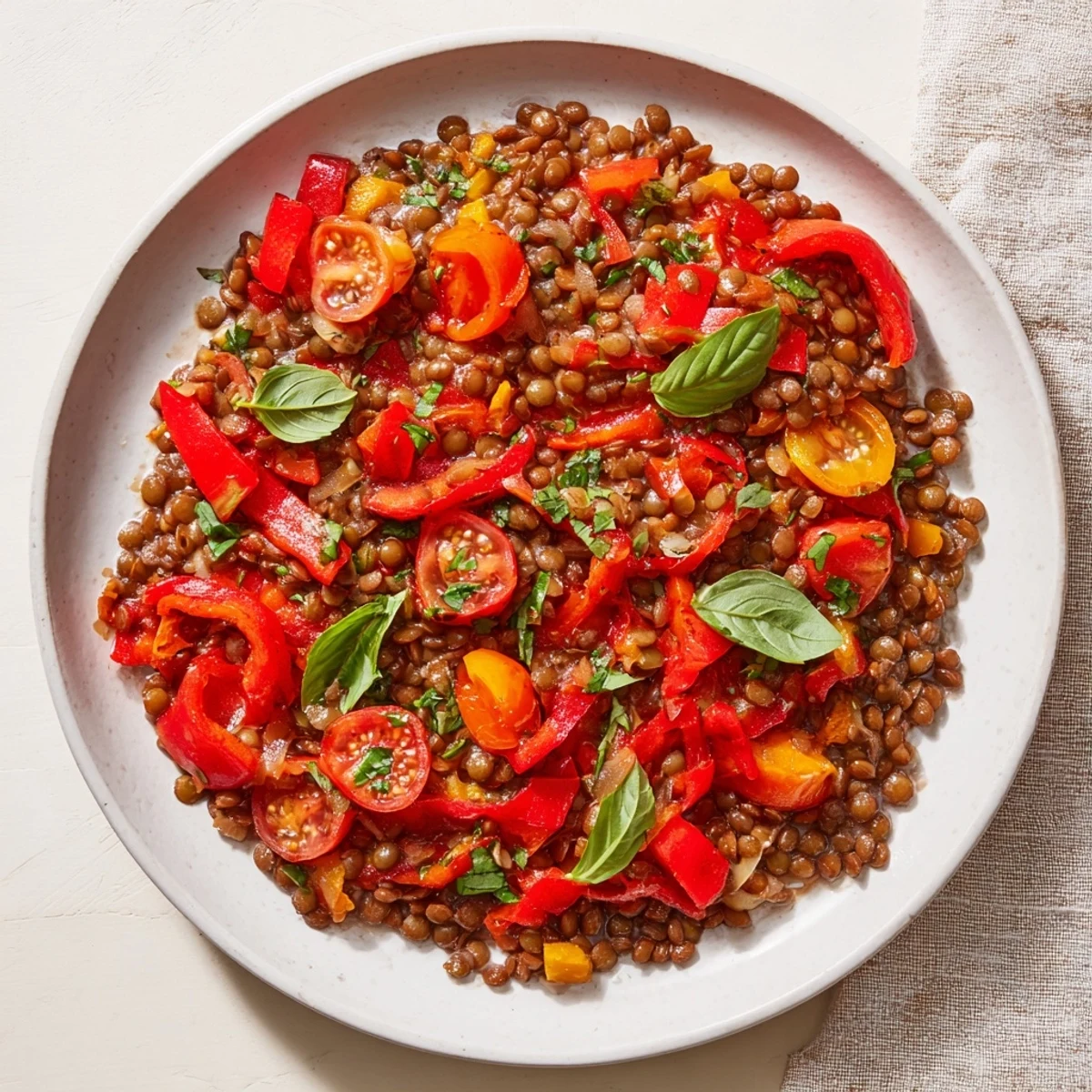 Warm, flavorful Lentil-Tomato Skillet, a gluten-free Mediterranean dish with savory aromas.