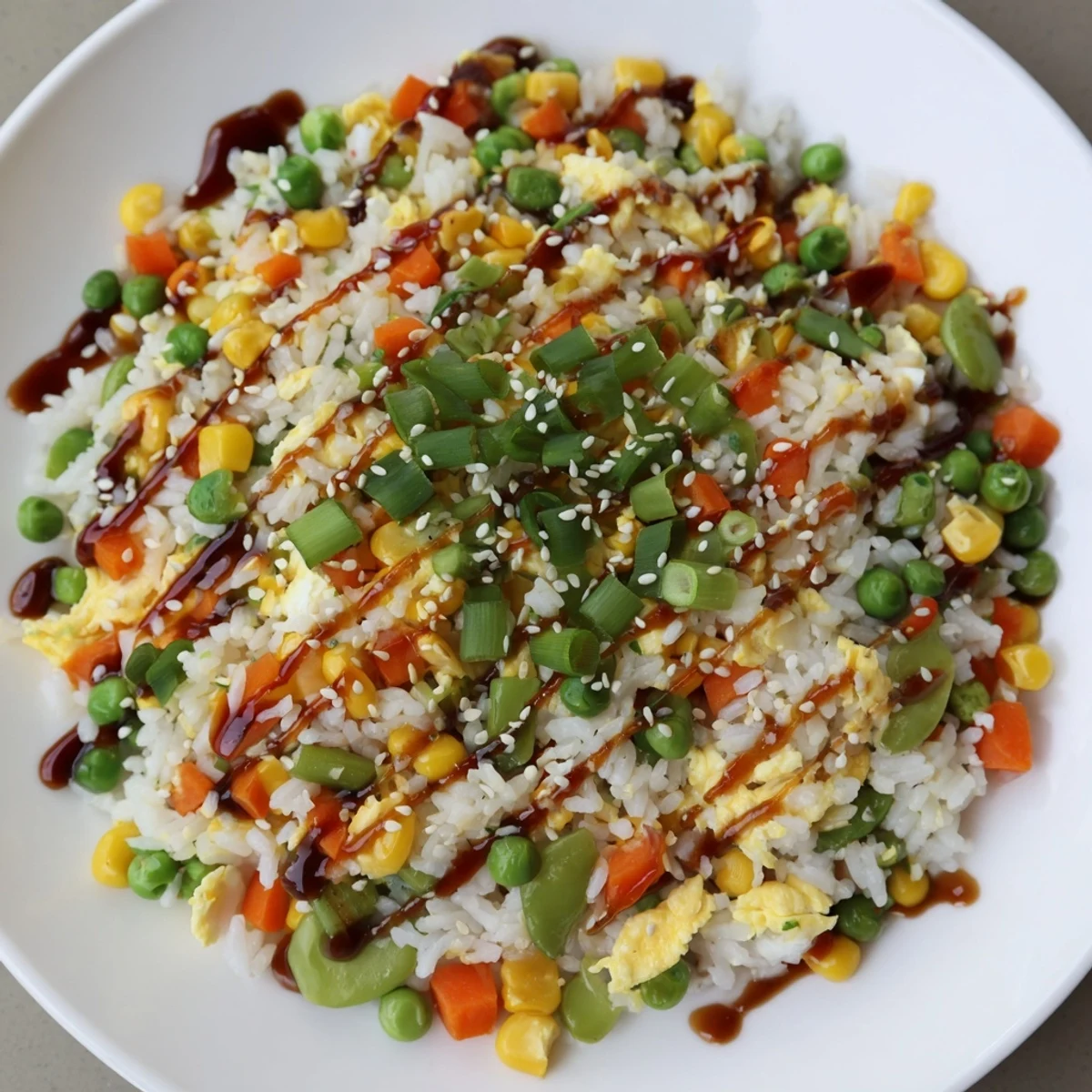 Steaming bowl of Frozen Veggie Fried Rice with Egg, soy sauce glistening, green onions scattered.