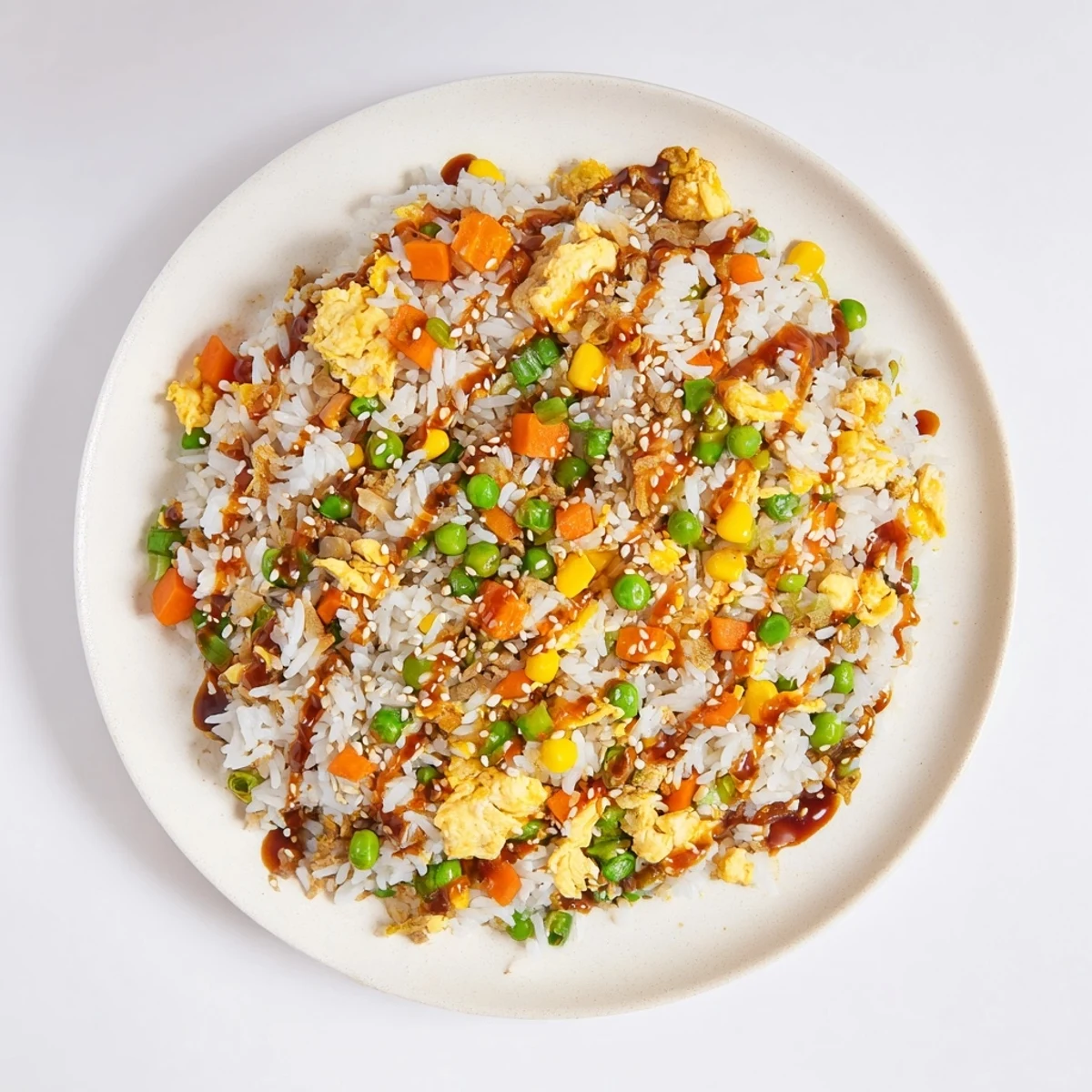 Vibrant photo of a wok filled with sizzling Frozen Veggie Fried Rice, savory with egg, ready to eat.