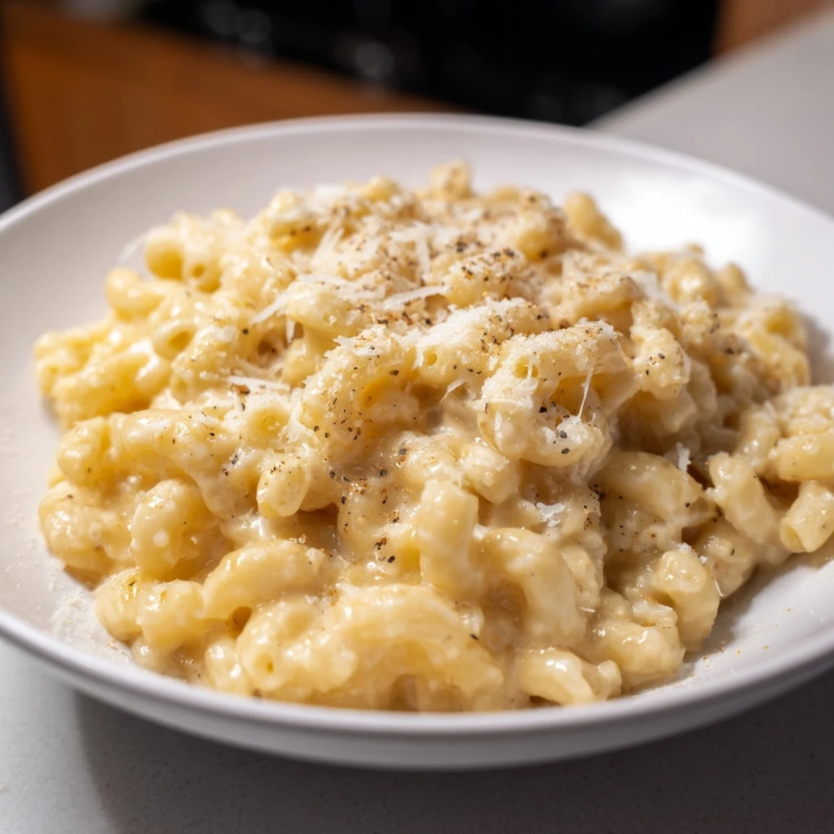 A close-up of creamy, bubbling mug mac & cheese, ready in minutes with melted cheddar cheese.