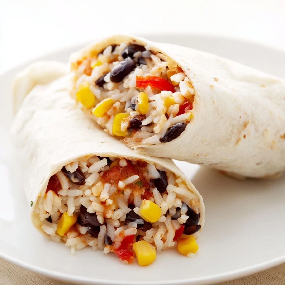 Homemade freezer-friendly burritos, filled with beans, rice, and cheese, perfect for quick lunches.