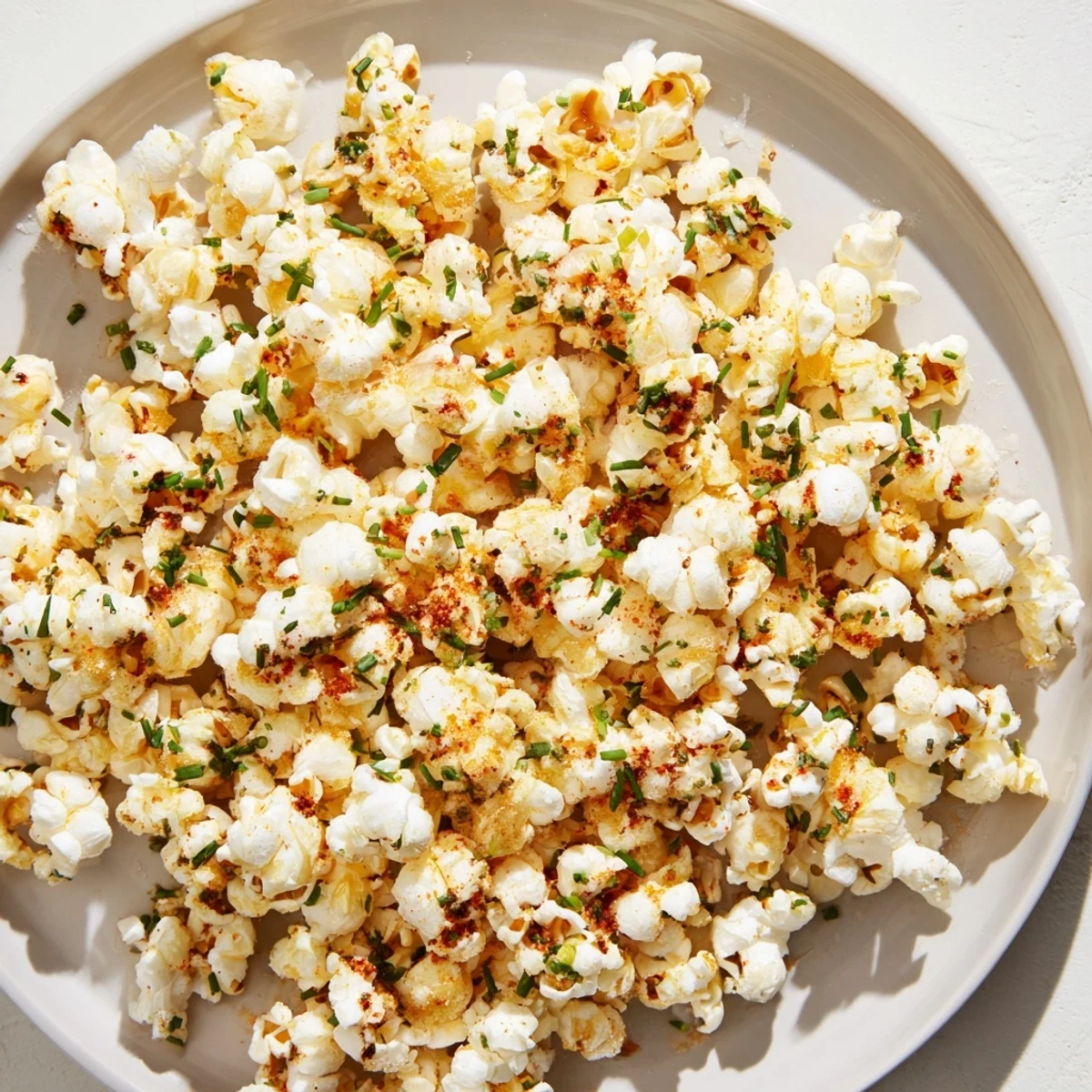 Golden, seasoned savoury popcorn mixes, ready for snacking, with visible herbs and spices.