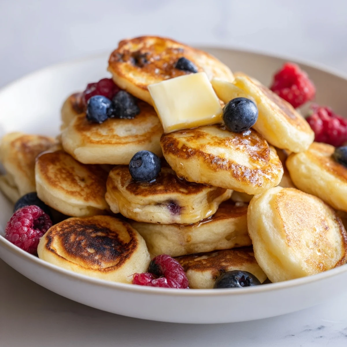 Golden brown Pancake Cereal served in a bowl, drizzled with sweet maple syrup, perfect breakfast.