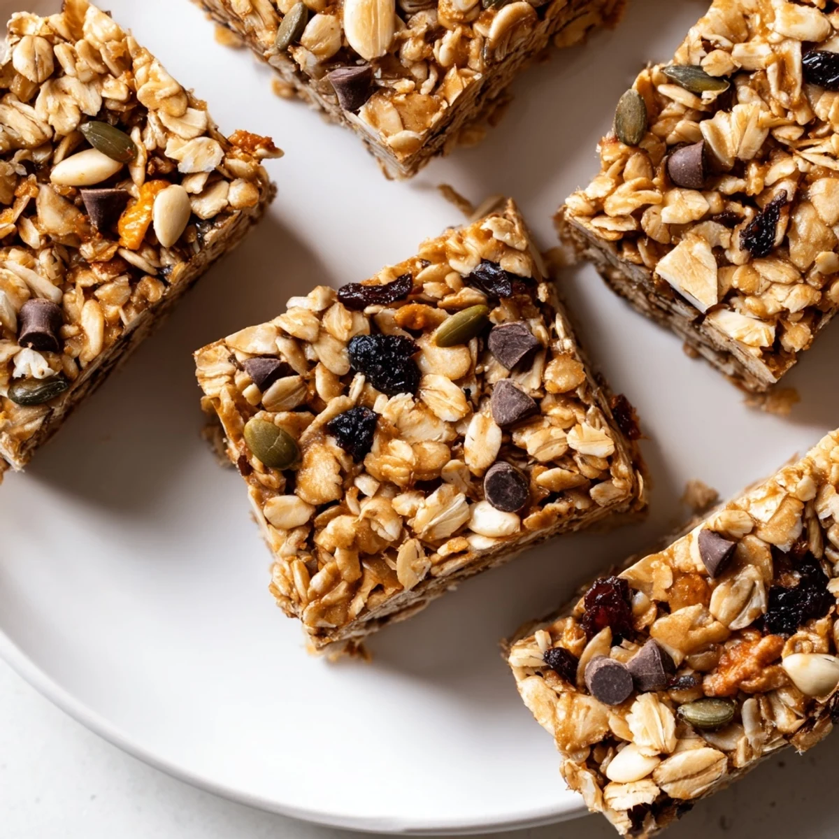Golden-brown homemade granola bars, chewy and loaded with nuts and chocolate chips, ready to eat.