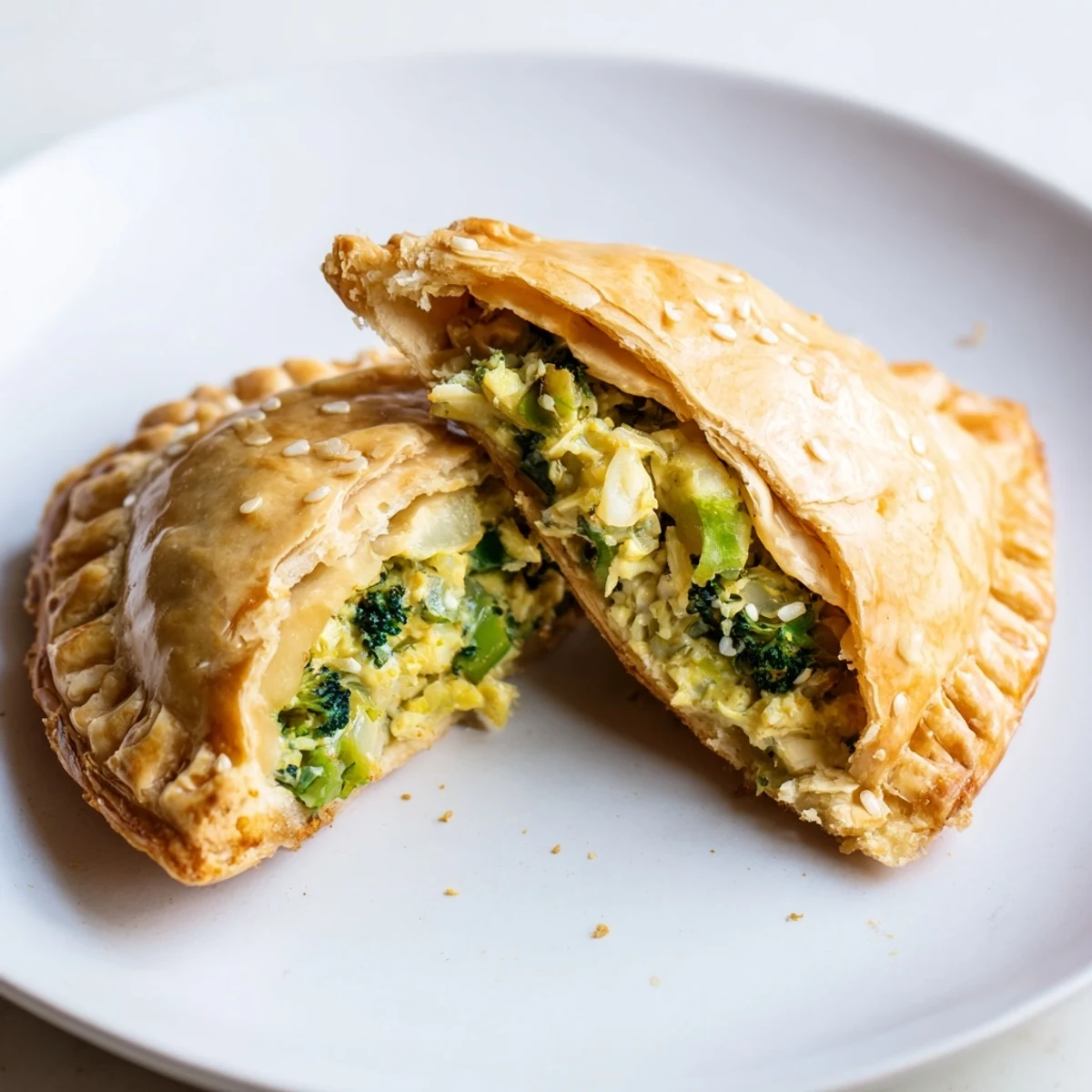 Flaky, golden Broccoli Cheddar Quiche-less Hand Pies, perfect for a quick and satisfying vegetarian meal.