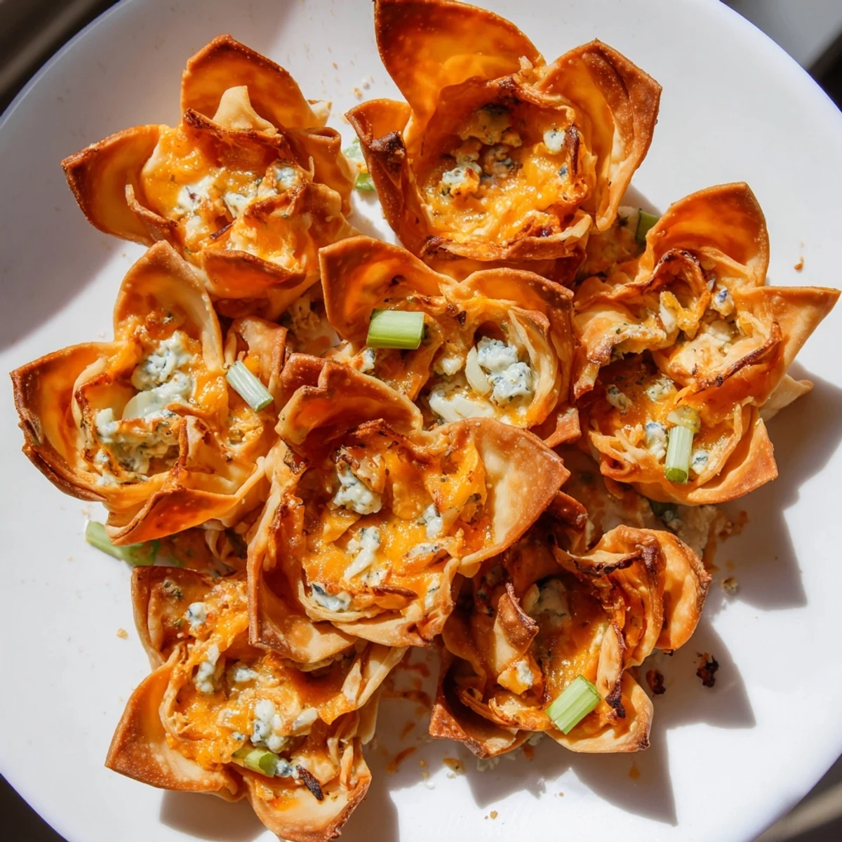 A close-up view of Buffalo Chicken Dip Pinwheel Wontons served warm, ready to be dipped.