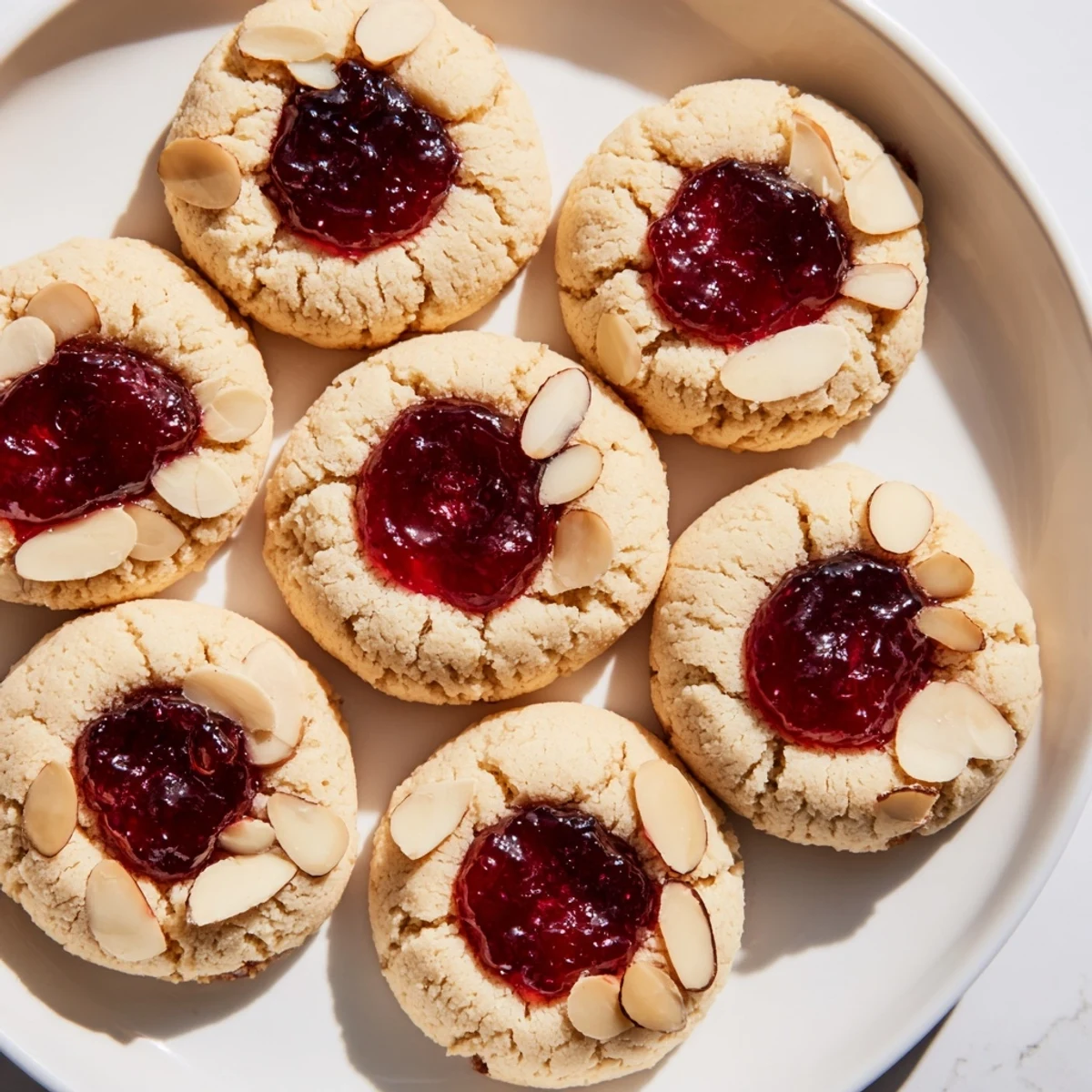 Golden-brown Cherry Almond Thumbprint Cookies, filled with vibrant red jam, ready to serve on a plate.