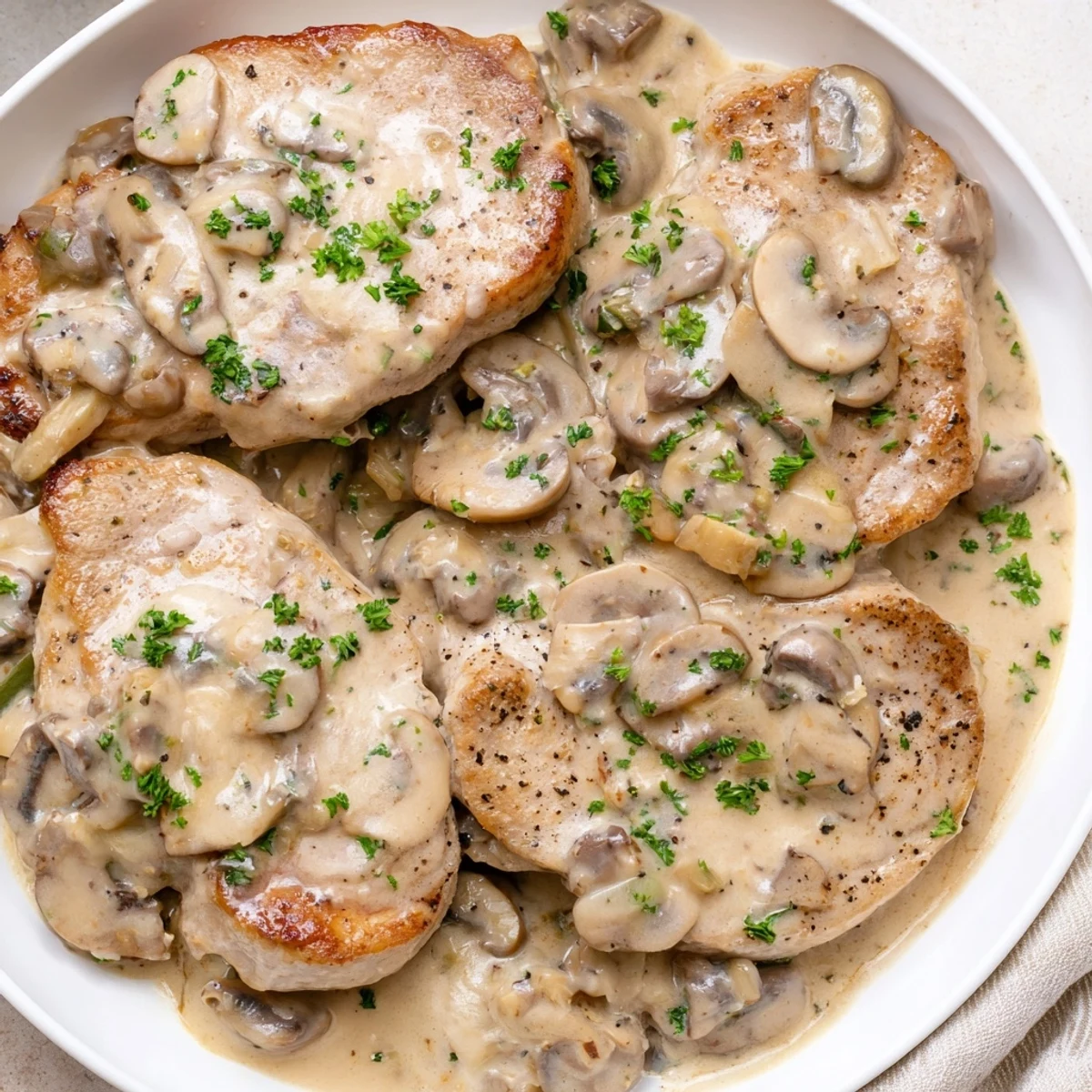 Golden-brown stove top pork chops swimming in creamy mushroom sauce, ready to serve.