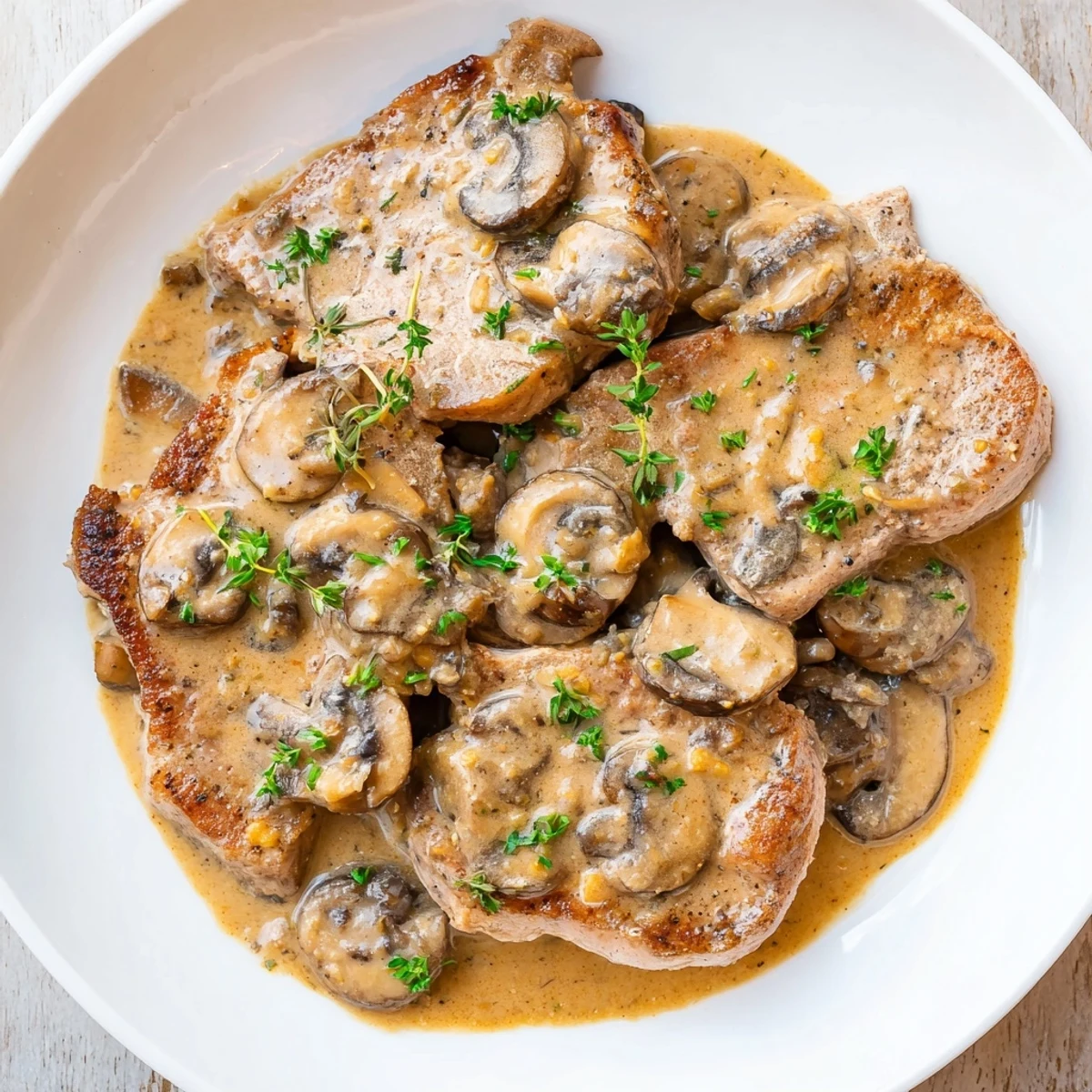 Delicious and flavorful stove top pork chops, topped with creamy mushroom sauce for a hearty dinner.