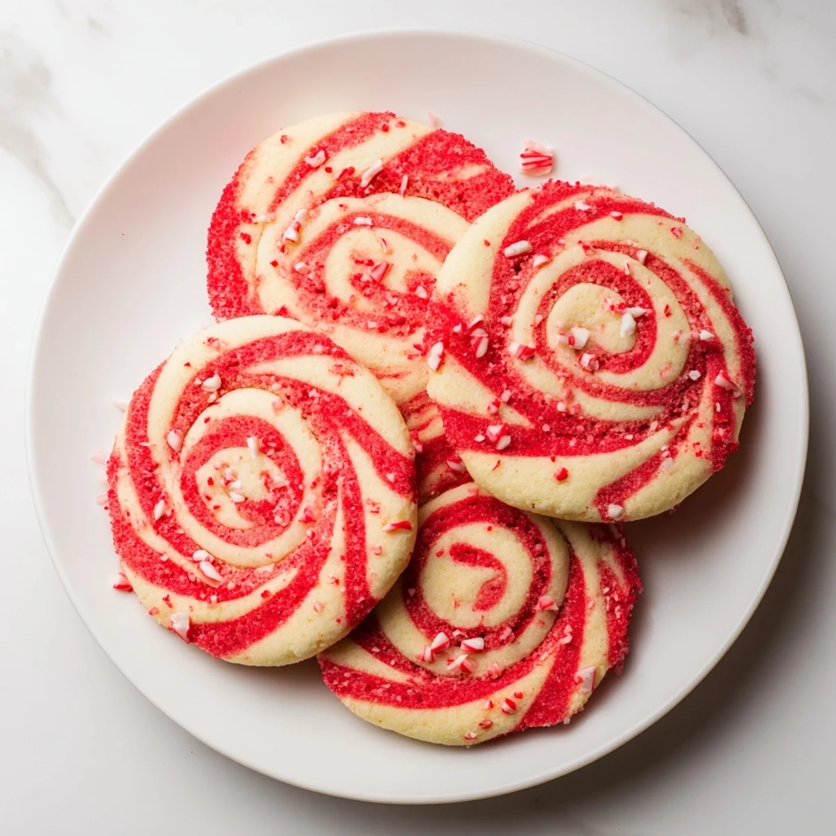 Close-up of baked Candy Cane Pinwheel Cookies, showing the festive spiral design and crunchy details.