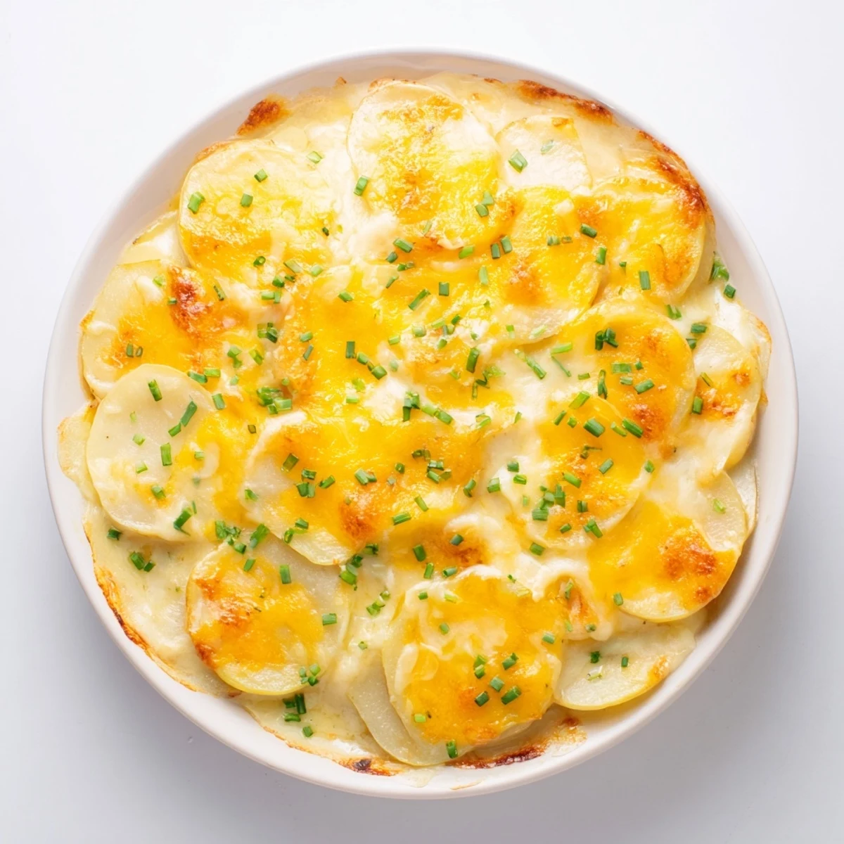 Golden, bubbly Cheesy Scalloped Potatoes: A close-up view of creamy layers and melted cheese.