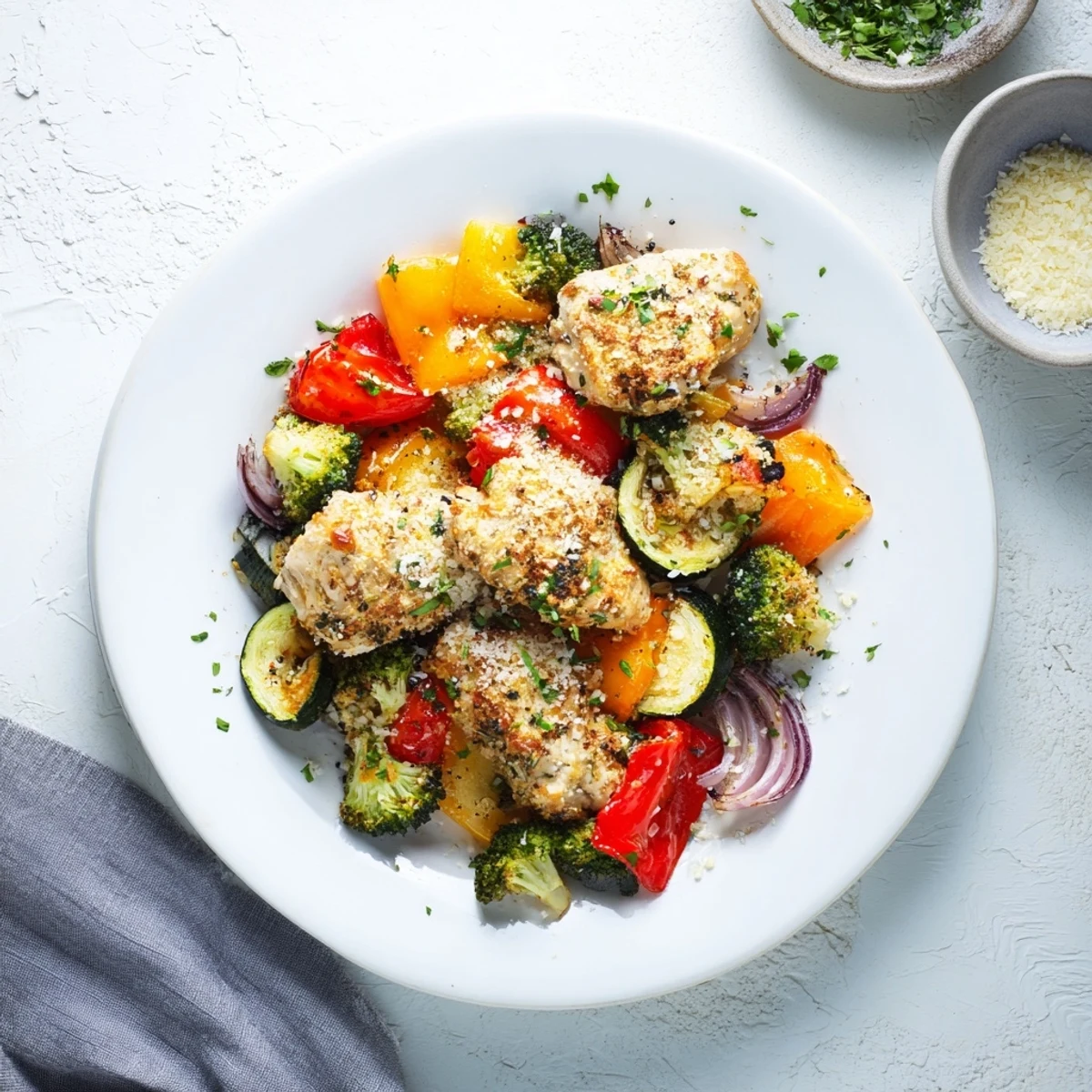 Golden-brown Garlic Parmesan Chicken Bites on a sheet pan with roasted vibrant vegetables, ready to serve.