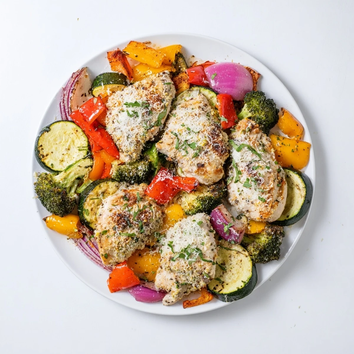Close-up of baked Garlic Parmesan Chicken Bites, smelling delicious, served with roasted bell peppers and zucchini.