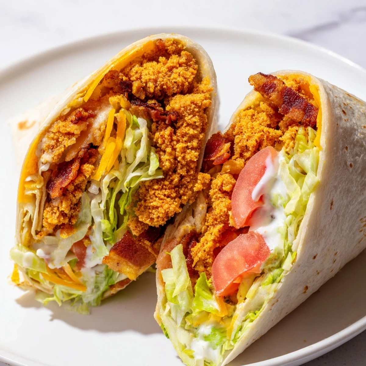 Golden-brown crispy chicken strips burst from this Irresistible Crispy Chicken Bacon Ranch Wrap, delicious!