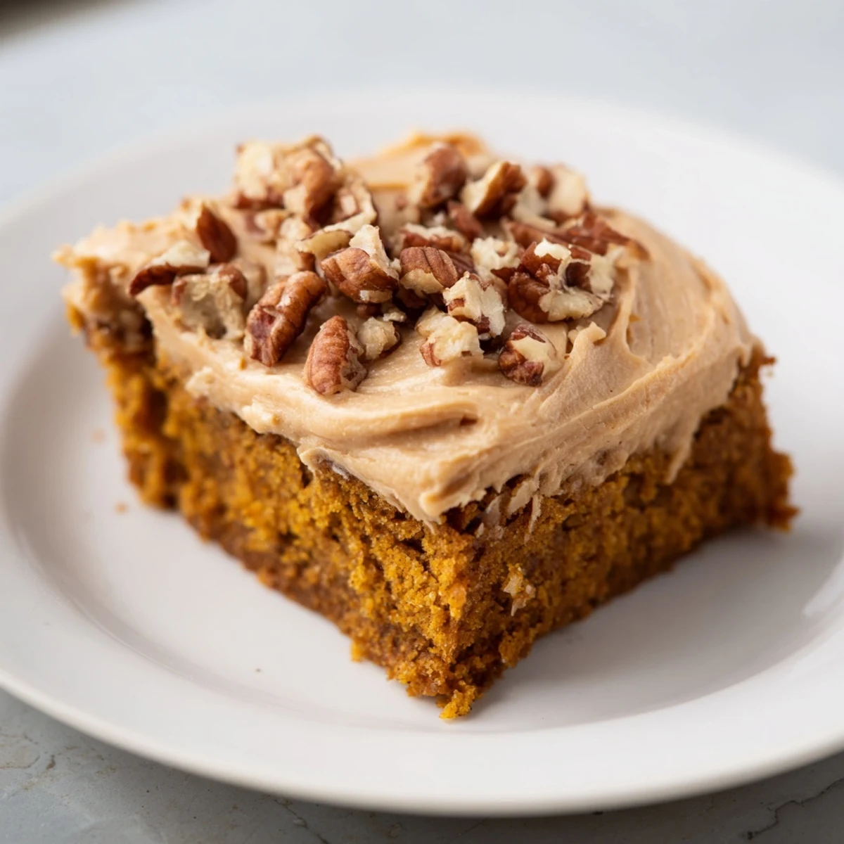 Close-up of moist Pumpkin Bars, topped with creamy frosting, perfect for a fall dessert spread.