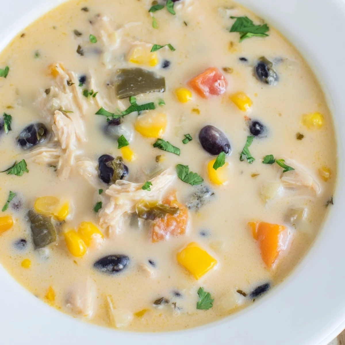 A hearty bowl of Chicken Poblano Soup, ready to eat, with visible shredded chicken and beans.