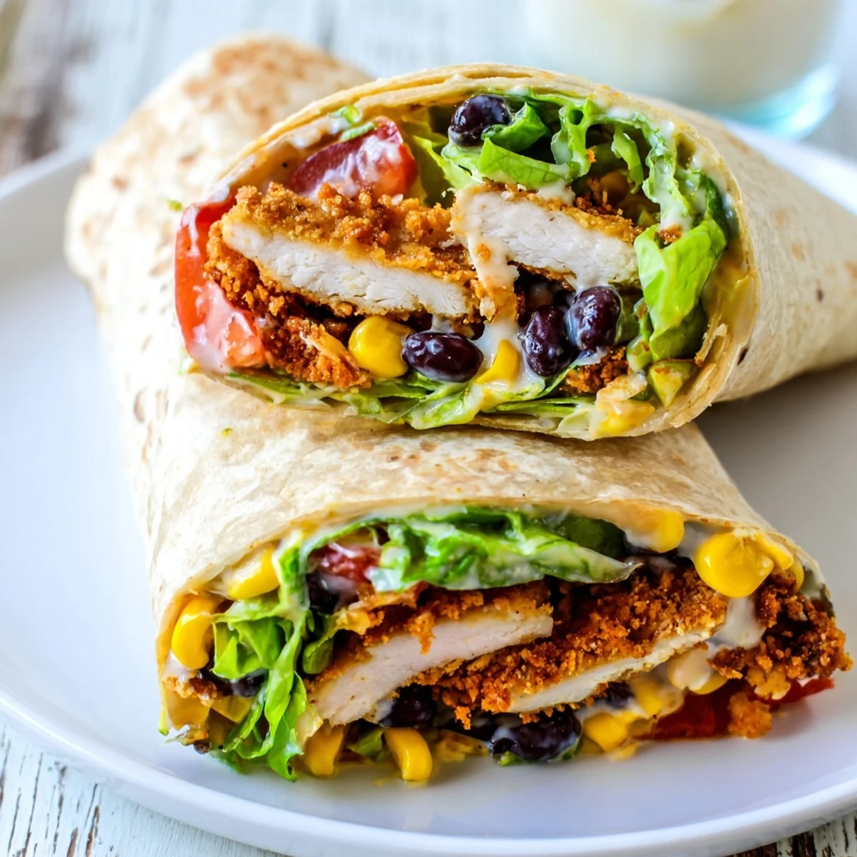 A loaded Southwest Chicken Wrap, featuring tender chicken, veggies, and creamy dressing, ready to eat.
