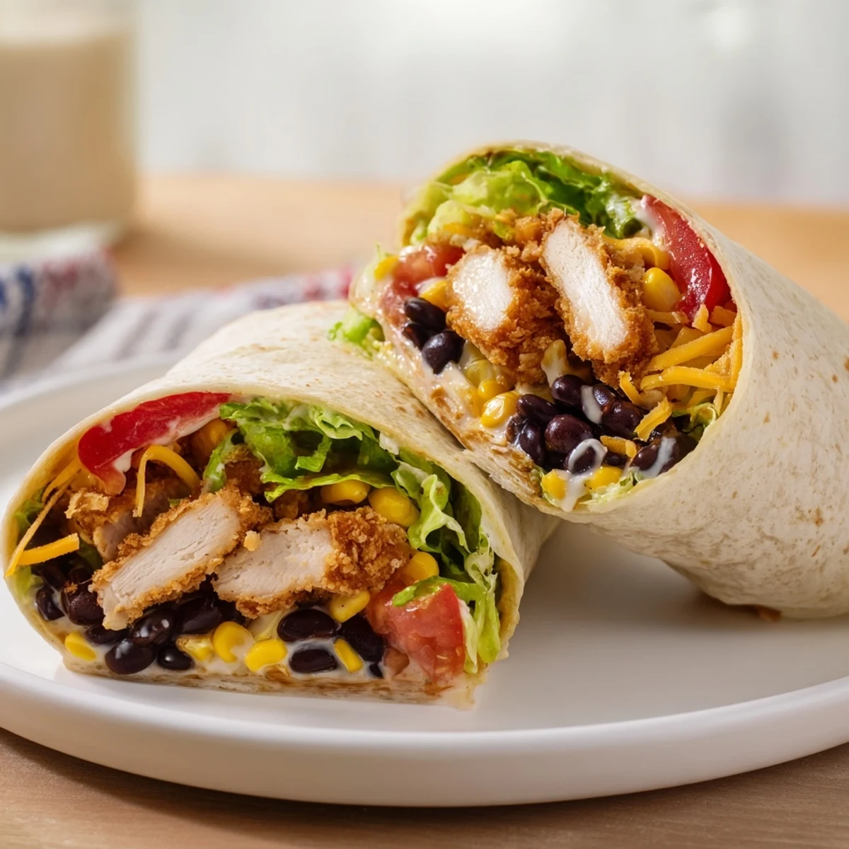 Perfectly rolled Southwest Chicken Wraps, sliced and ready for lunch, beautifully presented.