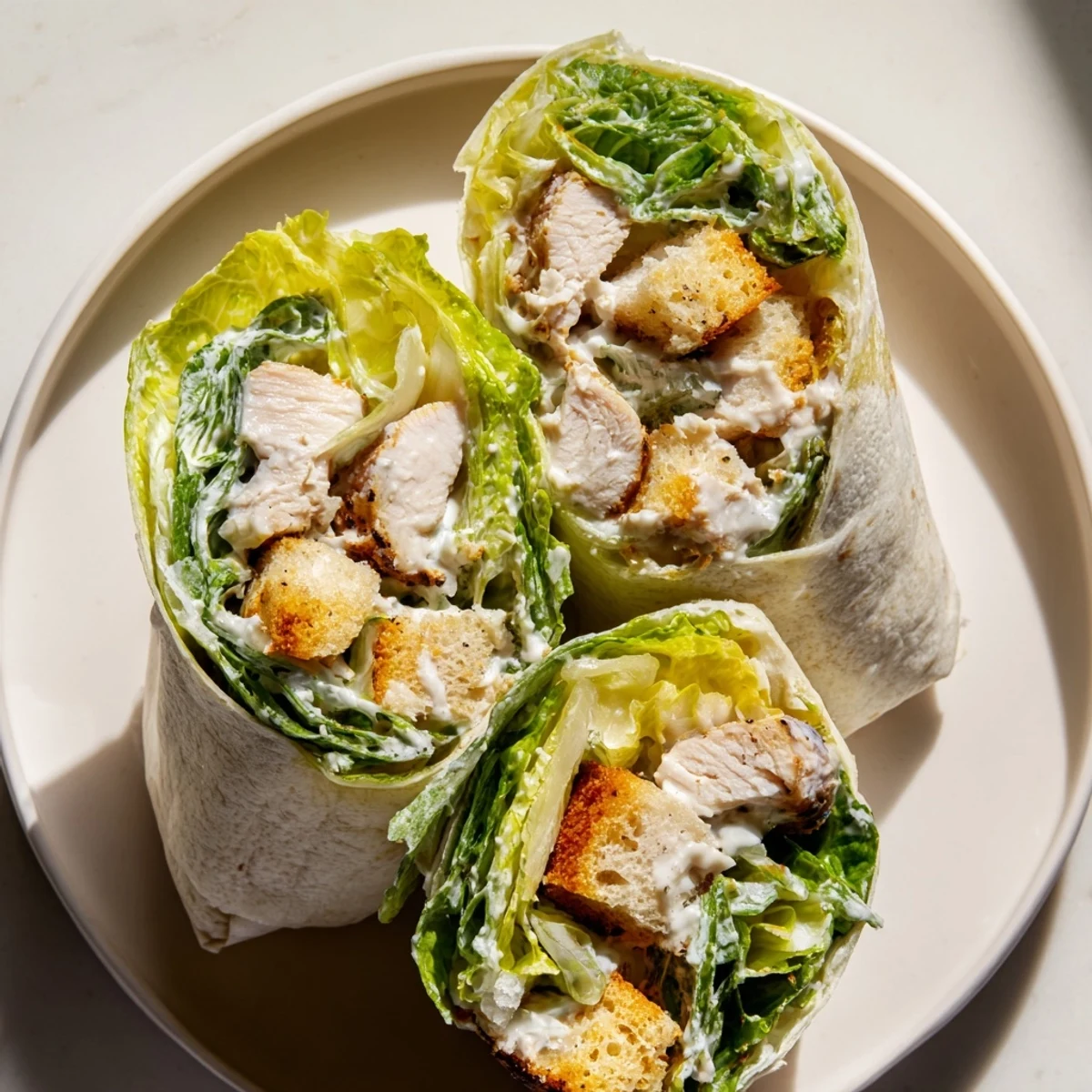 Juicy Chicken Caesar Wraps, bursting with creamy dressing, fresh lettuce and tender chicken, ready to eat.