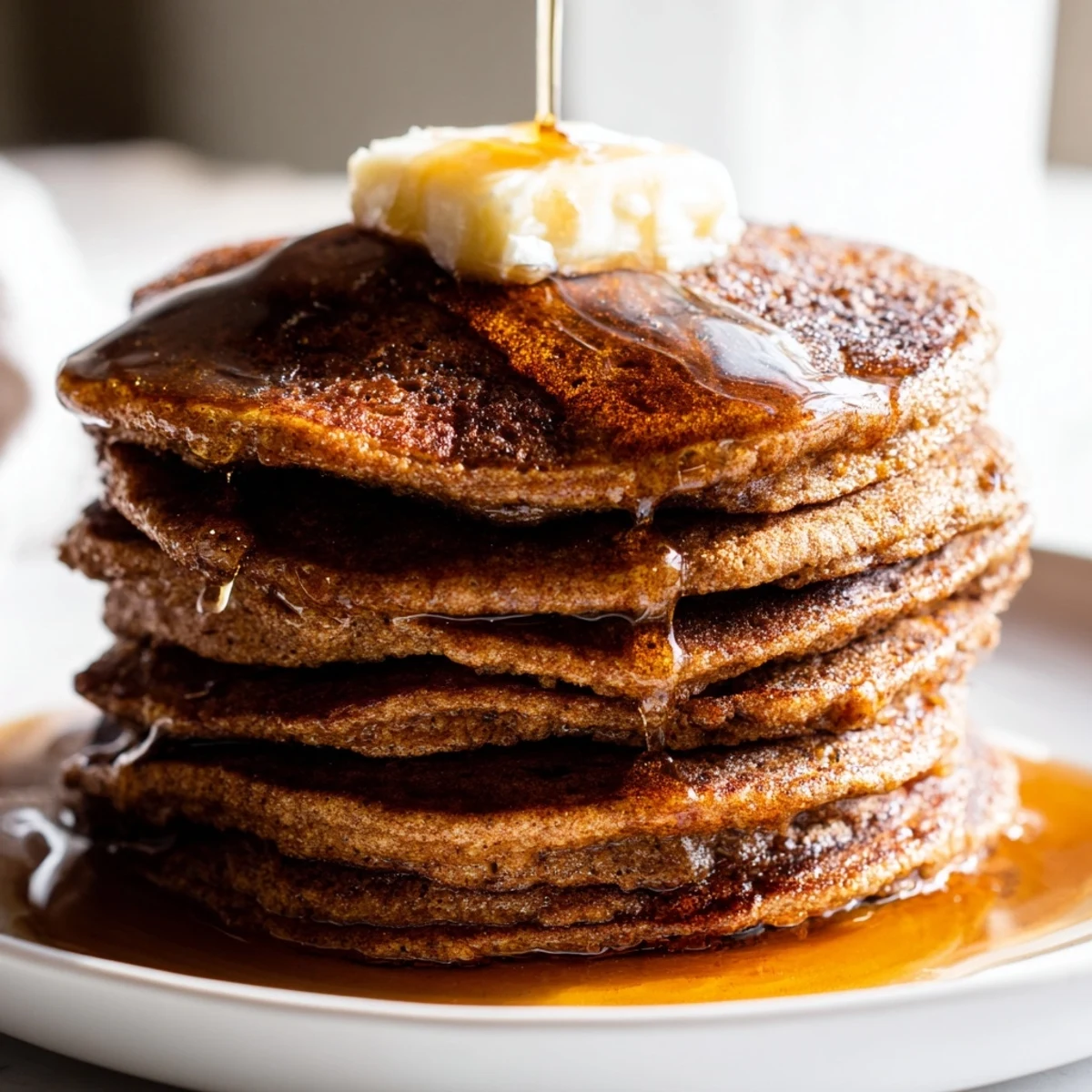A stack of golden brown Gingerbread Pancakes drizzled with maple syrup, ready to enjoy.