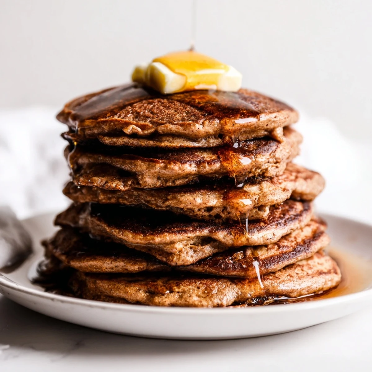 Warm Gingerbread Pancakes, fluffy and light, served on a plate with butter melting on top.