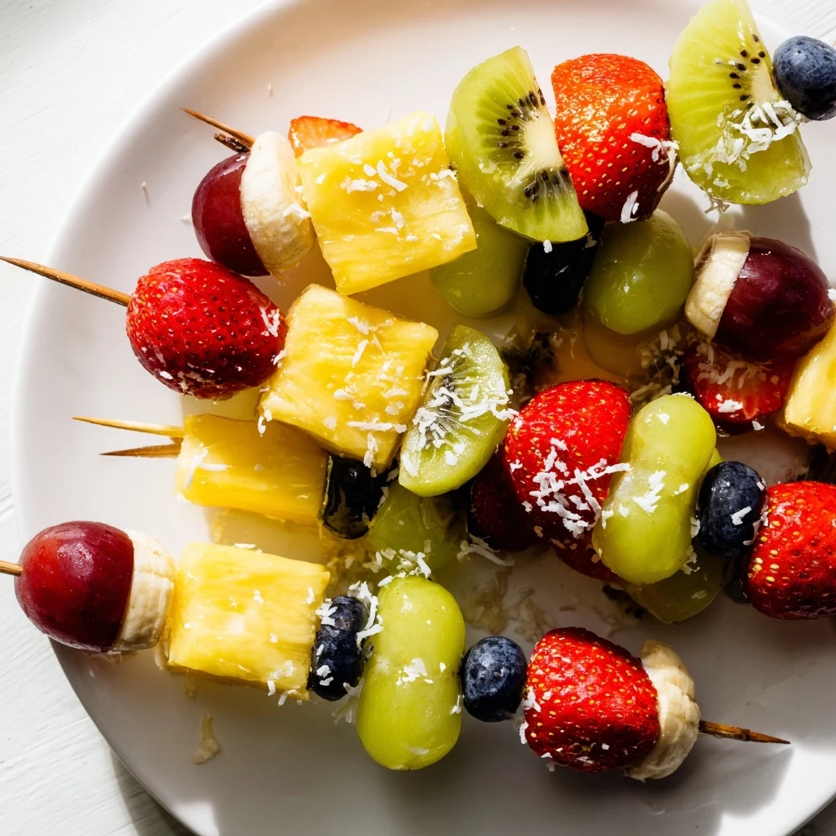 Festive fruit kabobs overflow with juicy strawberries, grapes, and kiwi, perfect for summer snacking.