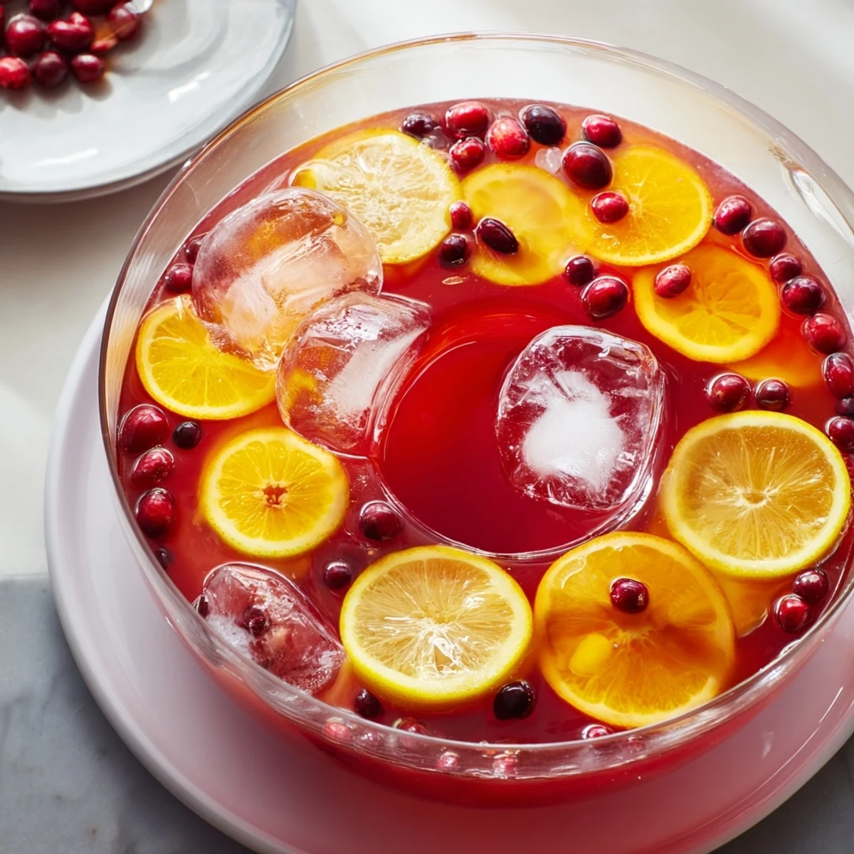 Quick Holiday Punch with Ice Ring shimmering with colorful fruit and melting beautifully in a clear glass bowl.