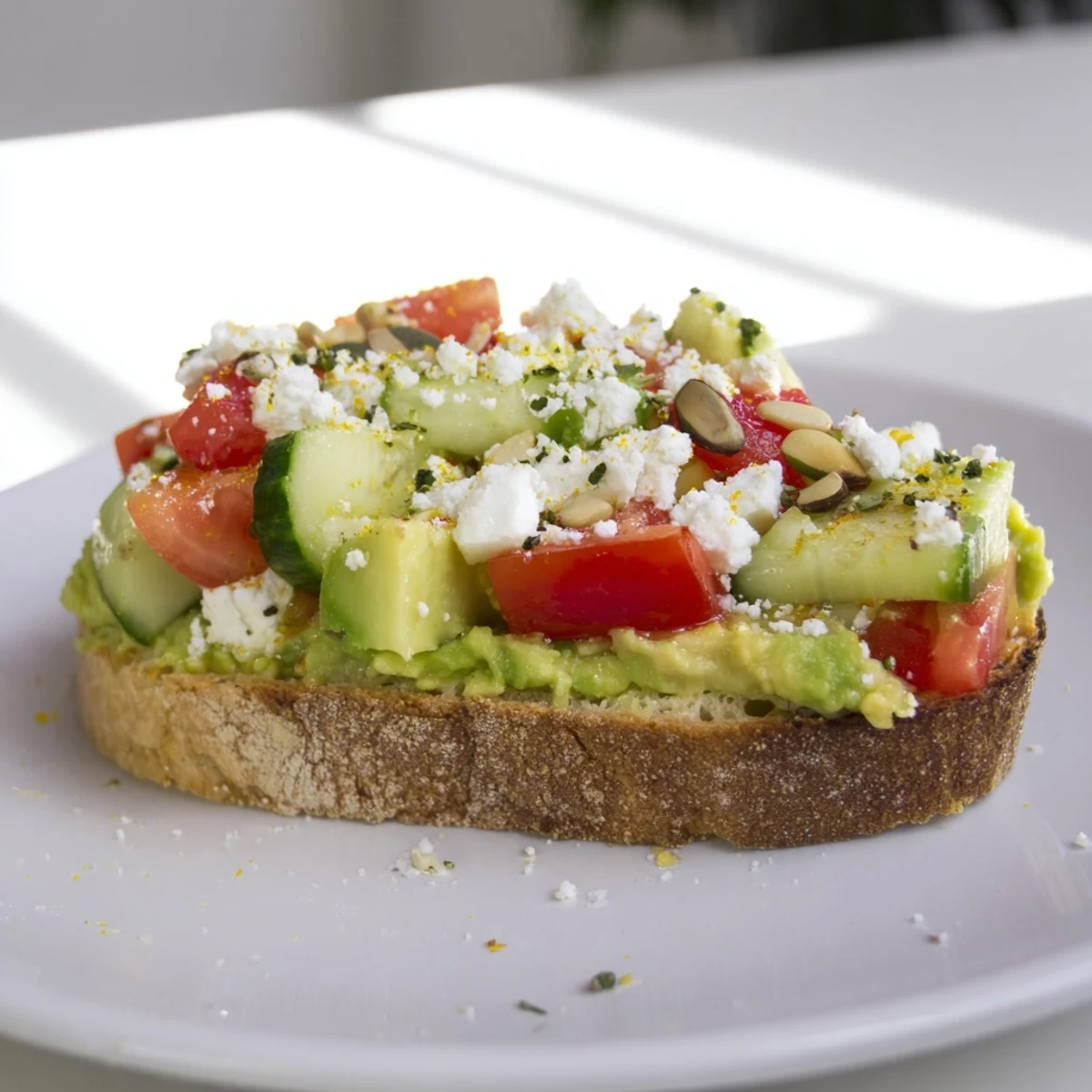 Bright red pomegranate seeds and fresh toppings on the assembled Express Holiday Avocado Toast Bar.