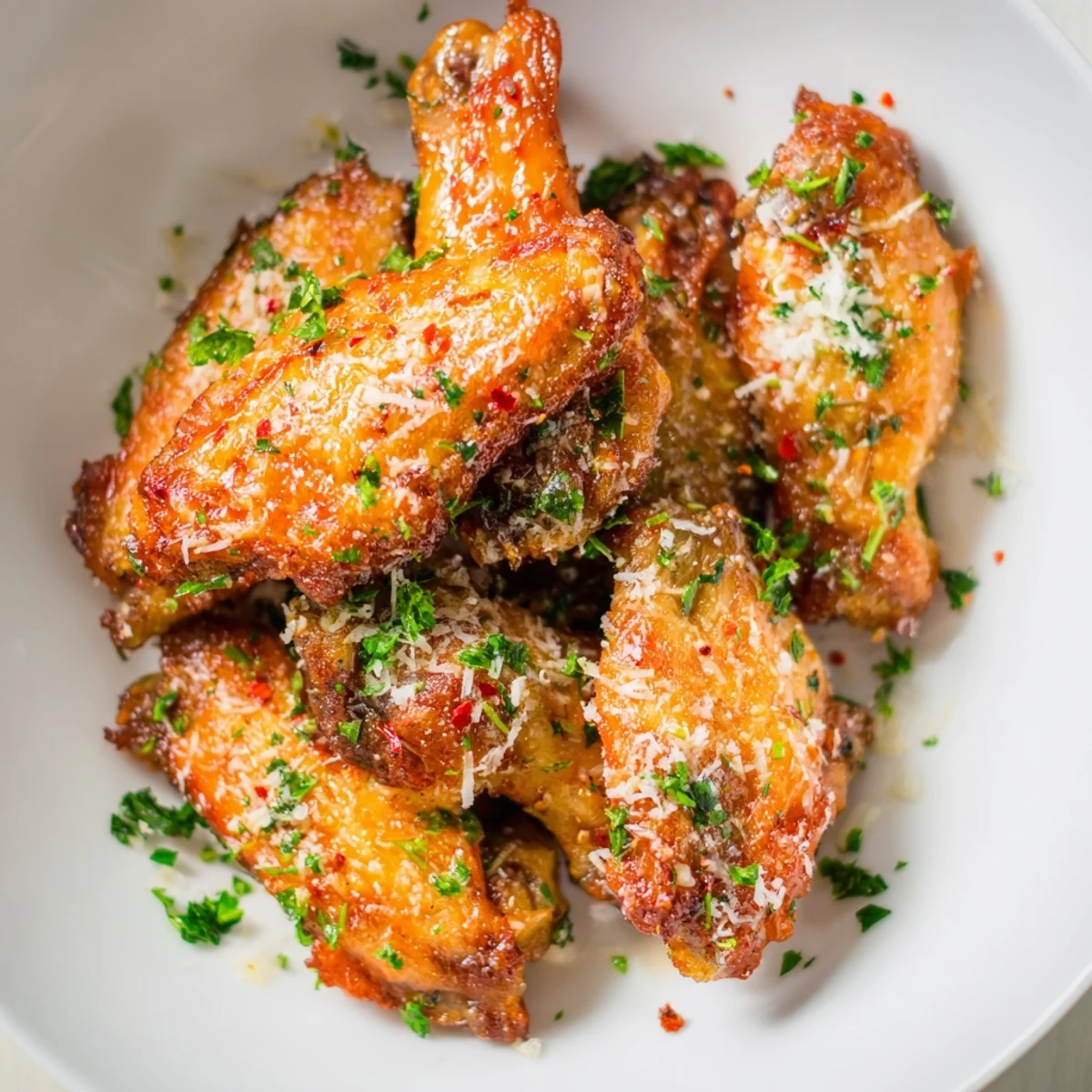 Golden, crispy air fryer garlic-Parmesan chicken wings, a delicious and easy appetizer recipe.