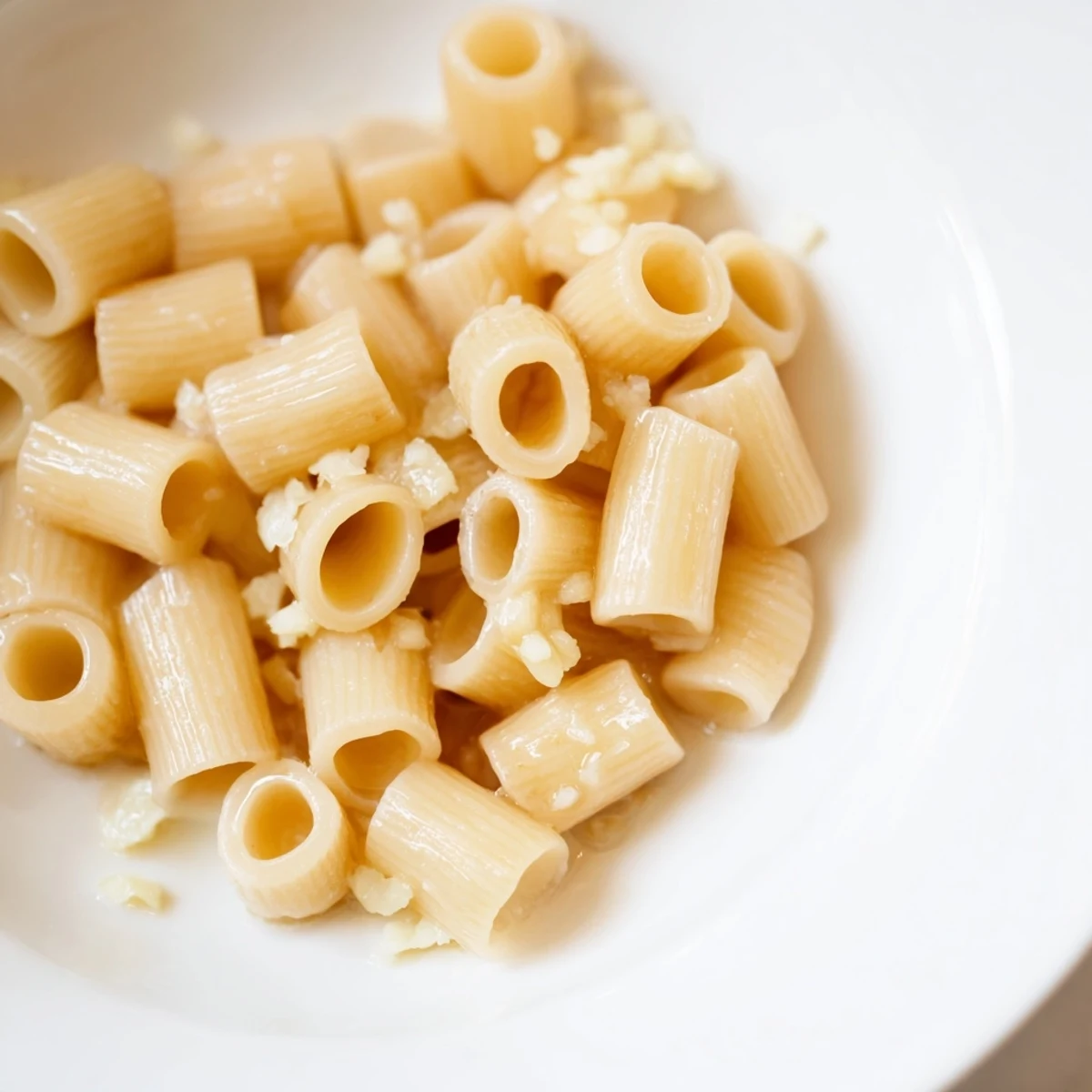 Close-up of steaming 3-Ingredient Butter & Garlic Ditalini, showing the glistening butter sauce clinging to each pasta piece.