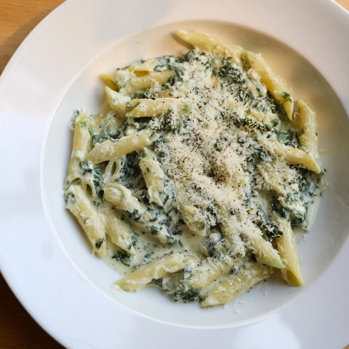 Creamy cottage cheese spinach pasta, perfectly coated with a silky sauce, ready to serve!