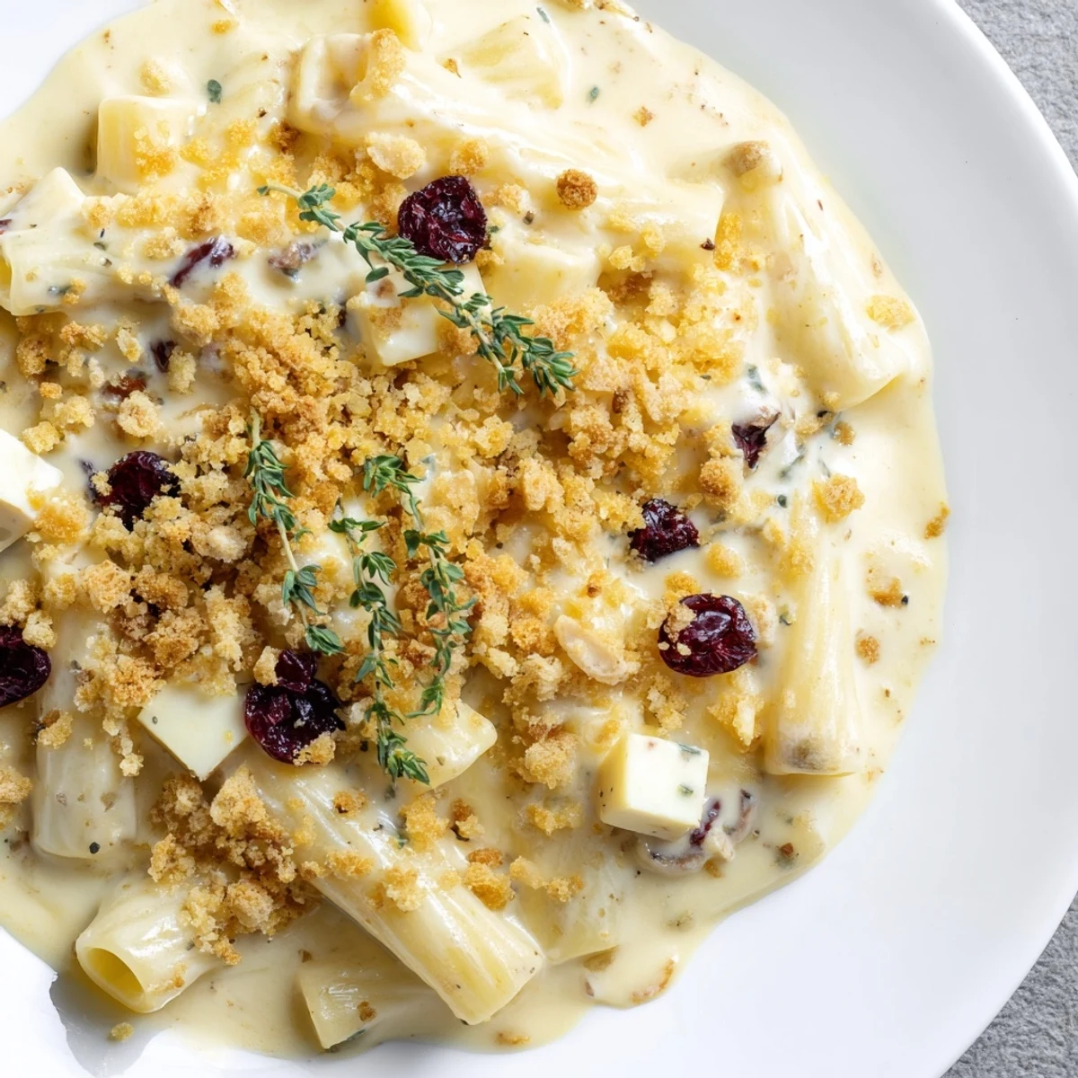 A close-up of a bowl of Cranberry and Brie Tartlet Pasta with a garnish of herbs and berries.