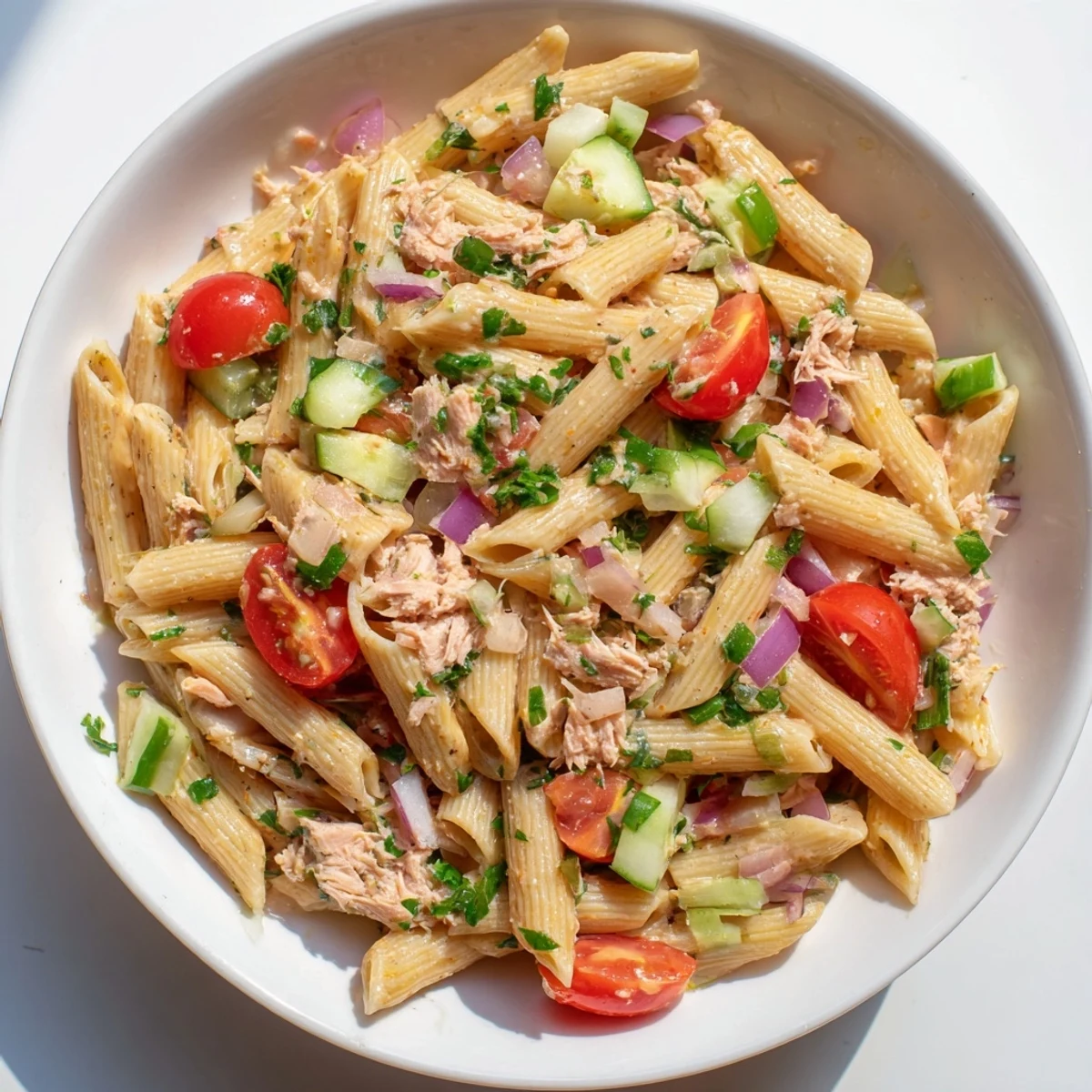Flaky tuna and creamy beans mingle in this vibrant Spicy Tuna and White Bean Pasta Salad.