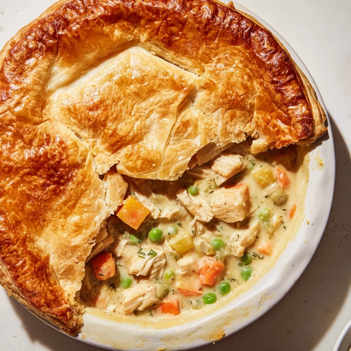 Close-up of a bubbling Marry Me Chicken Pot Pie, with golden-brown crust and steam rising from the slits.