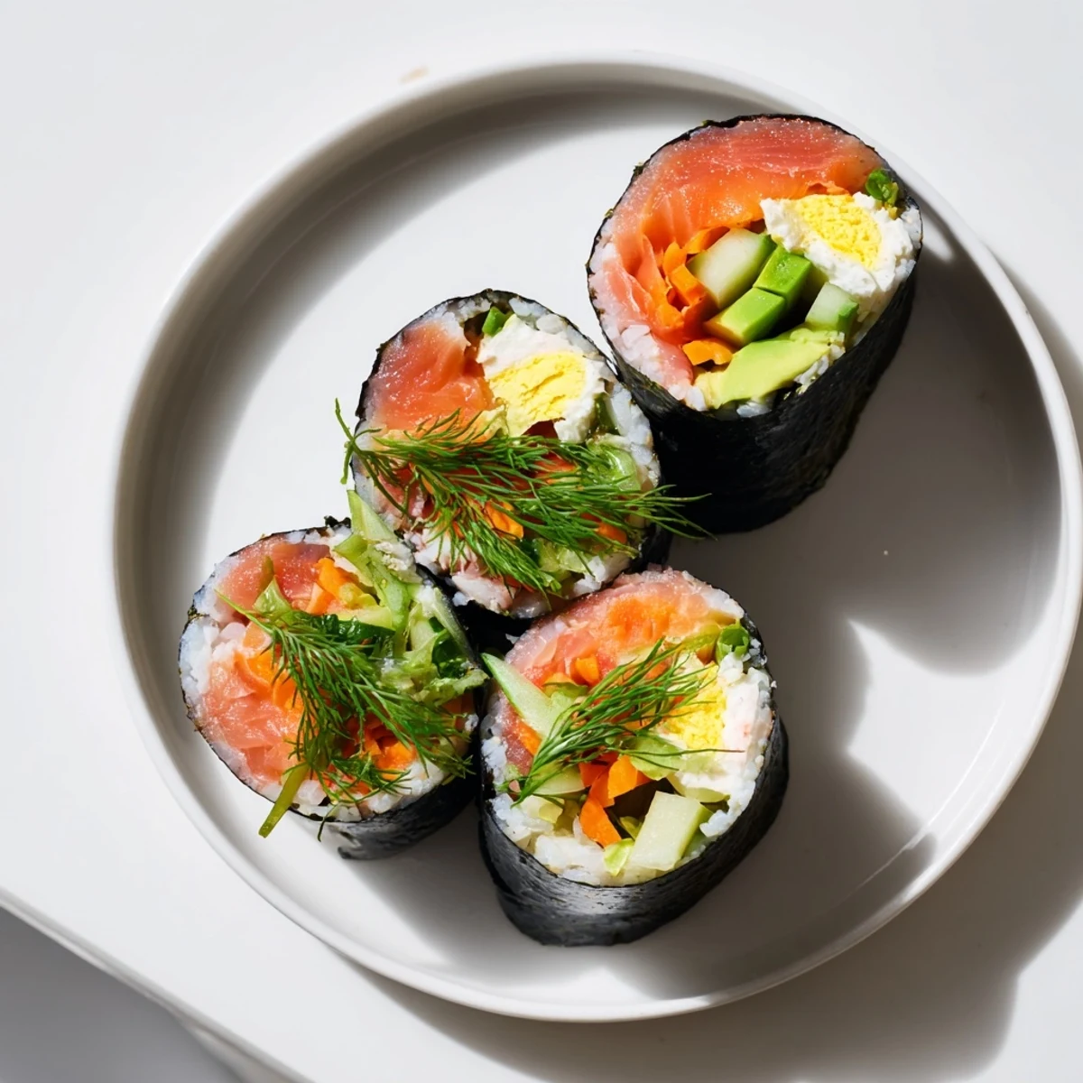 Vibrant high-protein sushi wrap showcases smoked salmon nestled with fresh vegetables in nori.