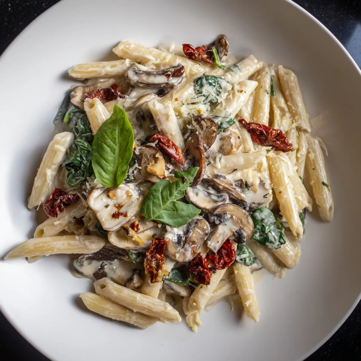 Creamy Sun-Dried Tomato Mushroom Penne Skillet ready to eat, with fresh basil and Parmesan sprinkled on top.