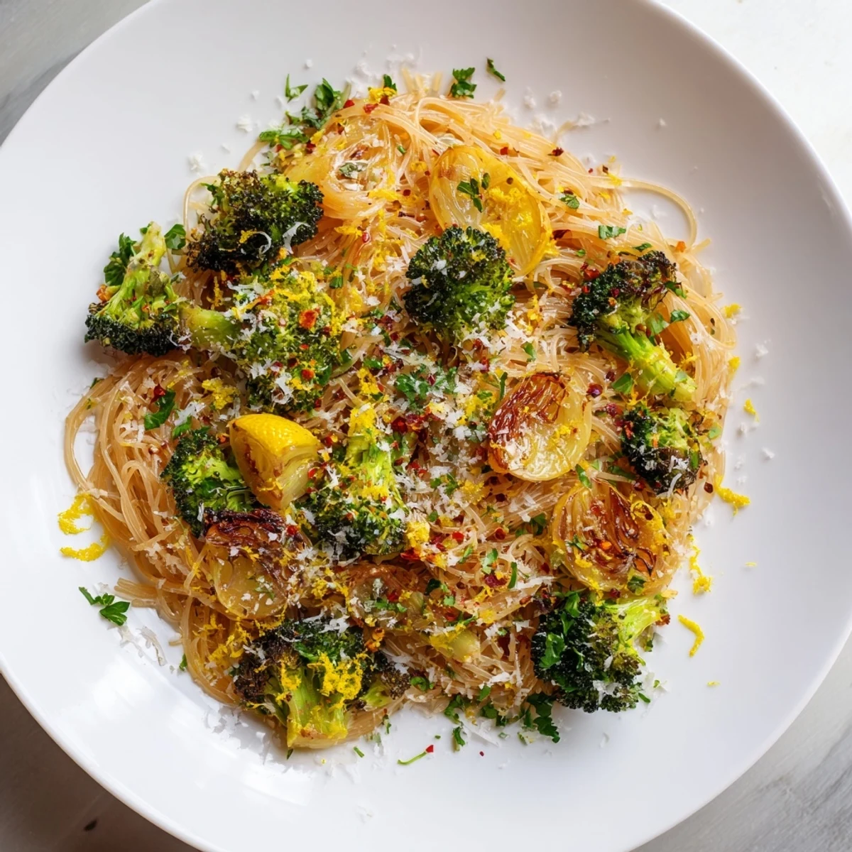 Vibrant Roasted Garlic Lemon Broccoli Angel Hair Pasta, tossed with lemon and herbs, ready to serve!