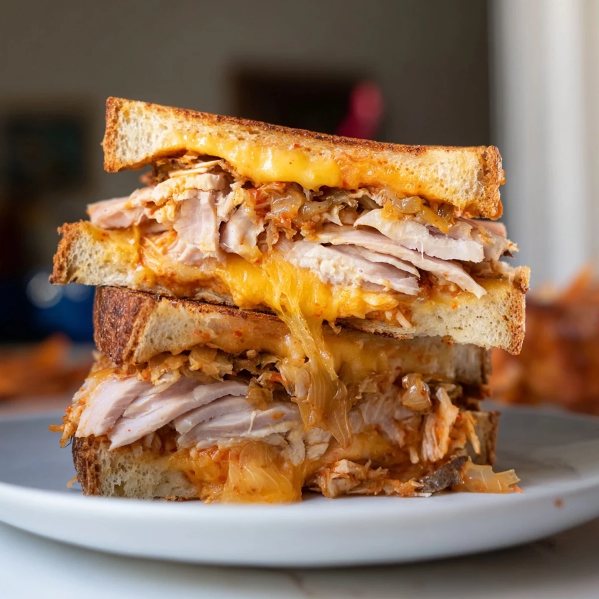 Golden-brown Kimchi Turkey & Cheddar Toasted Grilled Cheese, a melty, savory delight, ready to be enjoyed.