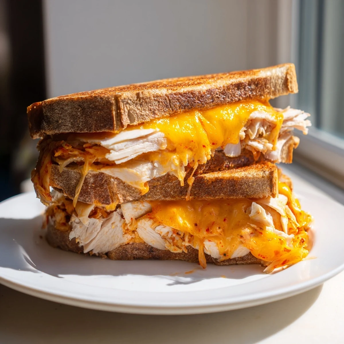 A warm, comforting plate showcasing the deliciousness of a Kimchi Turkey & Cheddar Toasted Grilled Cheese sandwich.