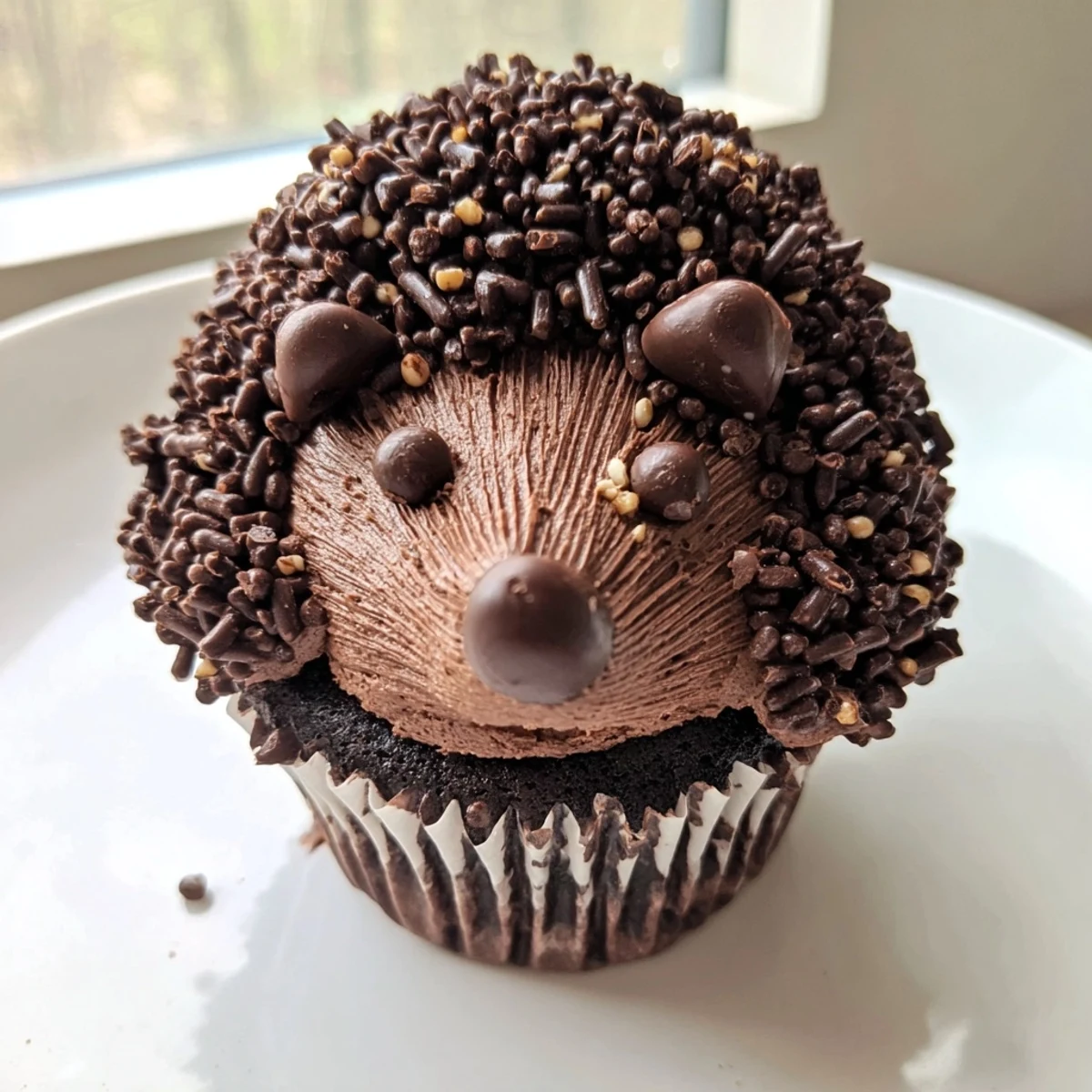 Fluffy chocolate cupcakes transformed into adorable hedgehog cupcakes, arranged artfully on a festive tower.