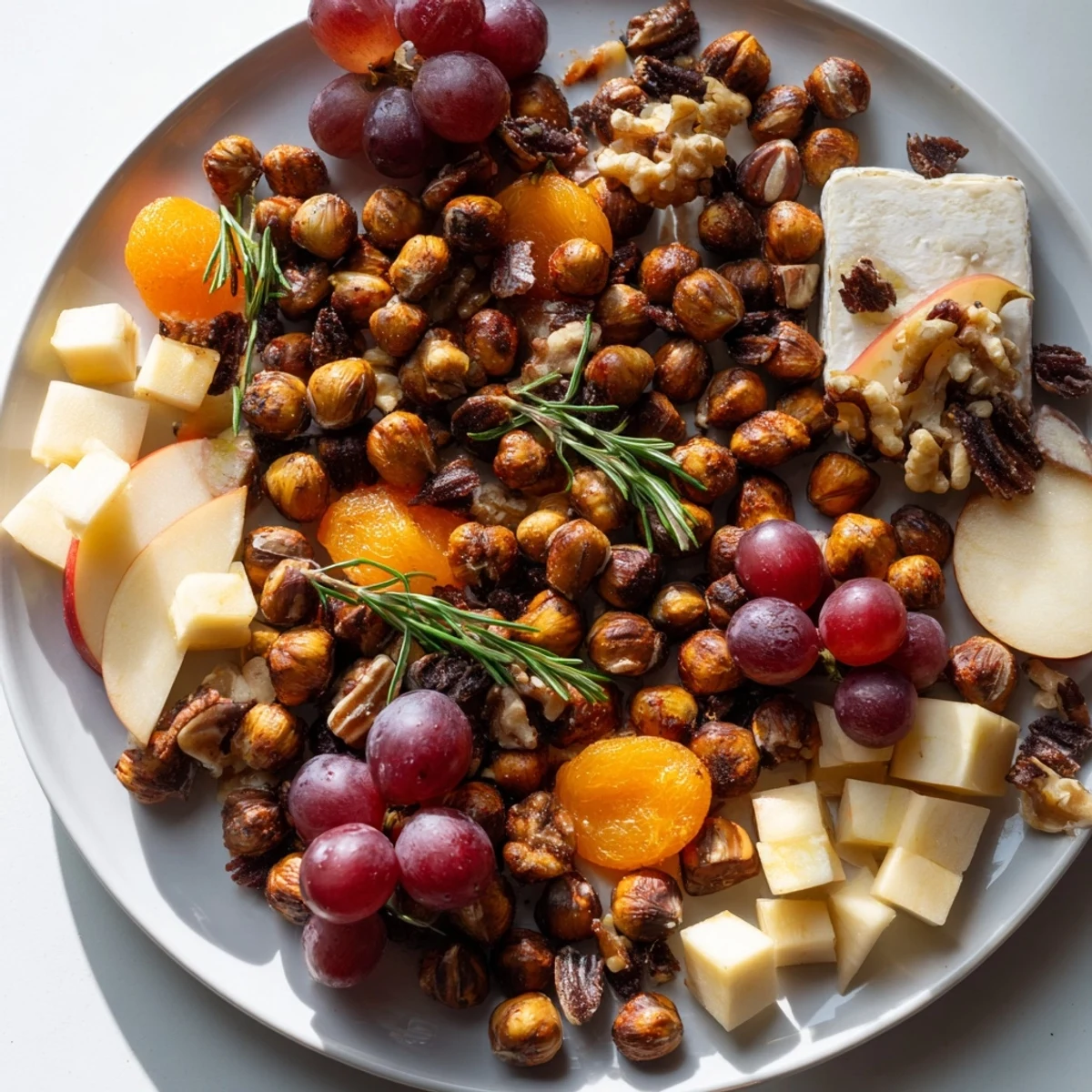 Squirrels Acorn Hoard Platter: a vibrant autumn appetizer platter with roasted acorns, nuts, and ripe fruits.