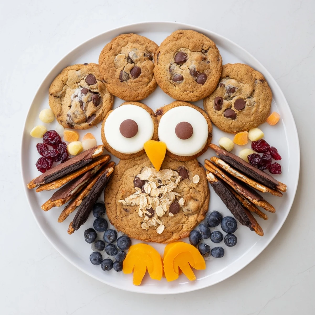 A delightful Owl Hooting Dessert Board with chocolate, cookies, and fruity accents for party snacking.