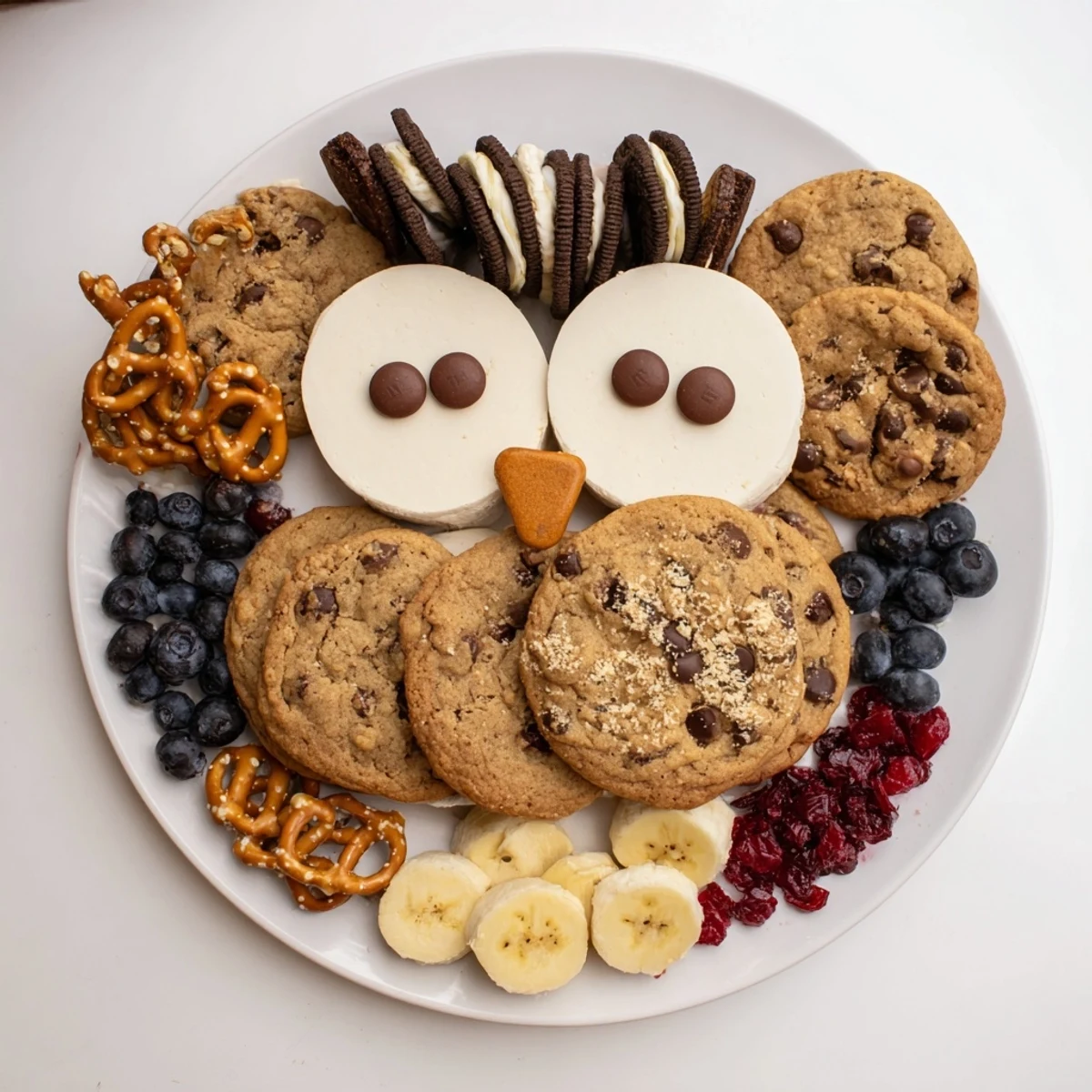 This festive Owl Hooting Dessert Board presents sweet treats arranged to resemble a charming owl for guests.